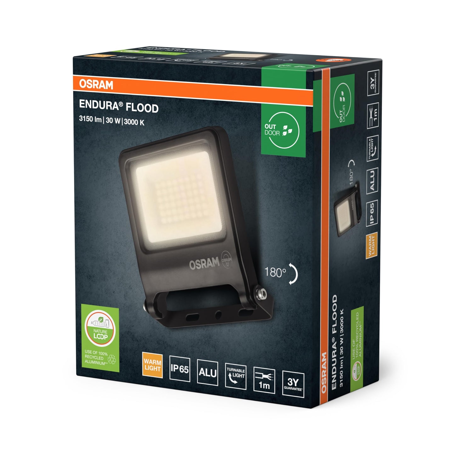 Osram ENDURA FLOOD PC 30W LED floodlight, 3000K warm white, 3000 lumens, IP65 floodlight environmentally friendly, 110° light angle, 100 lm/W, gray (pack of 2) - 4099854486463