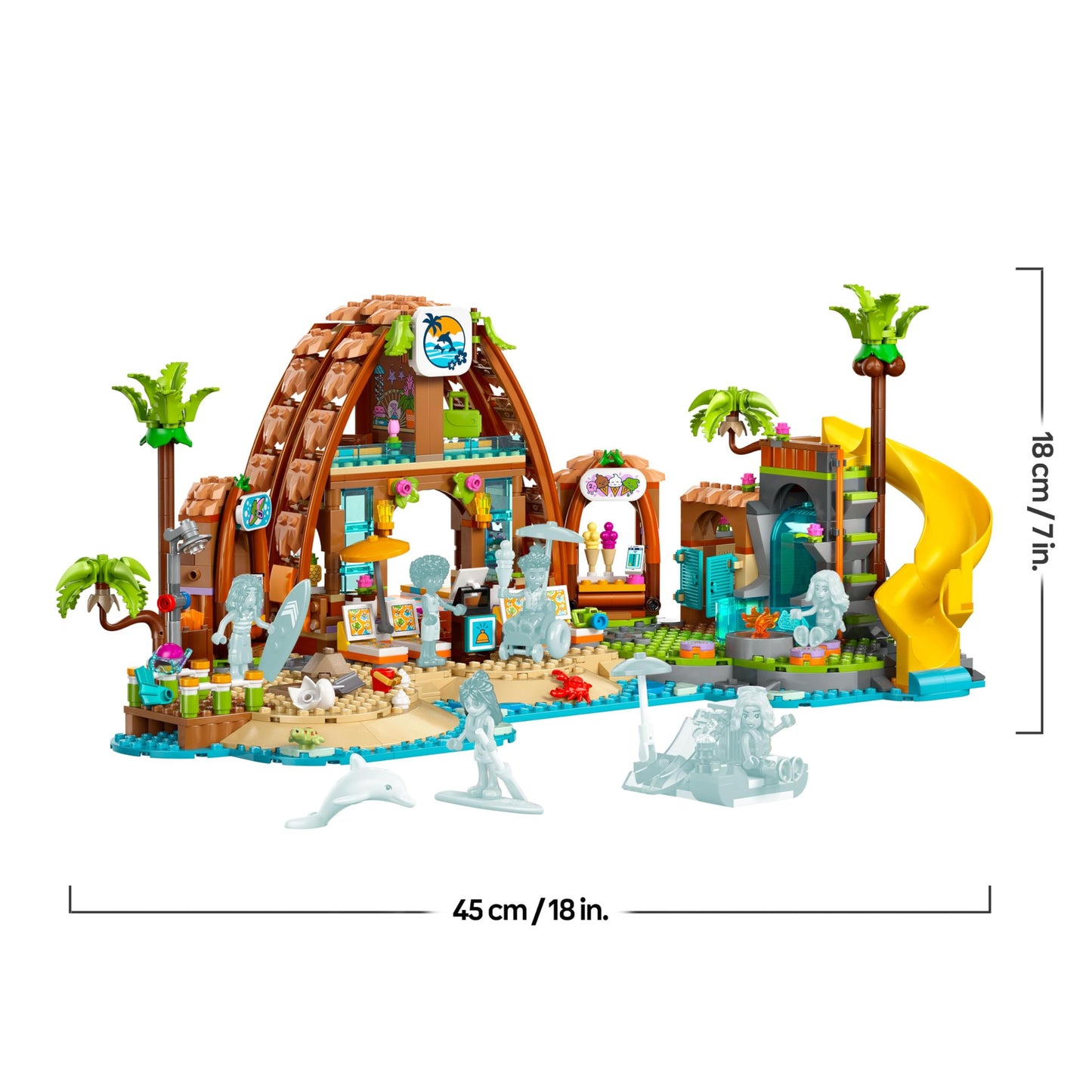 LEGO Friends Family Vacation at the Beach Resort - Toy with 6 mini-dolls, turtle and dolphin figures, ice cream parlor and accessories - Children's gift for girls aged 8 and up - 42673
