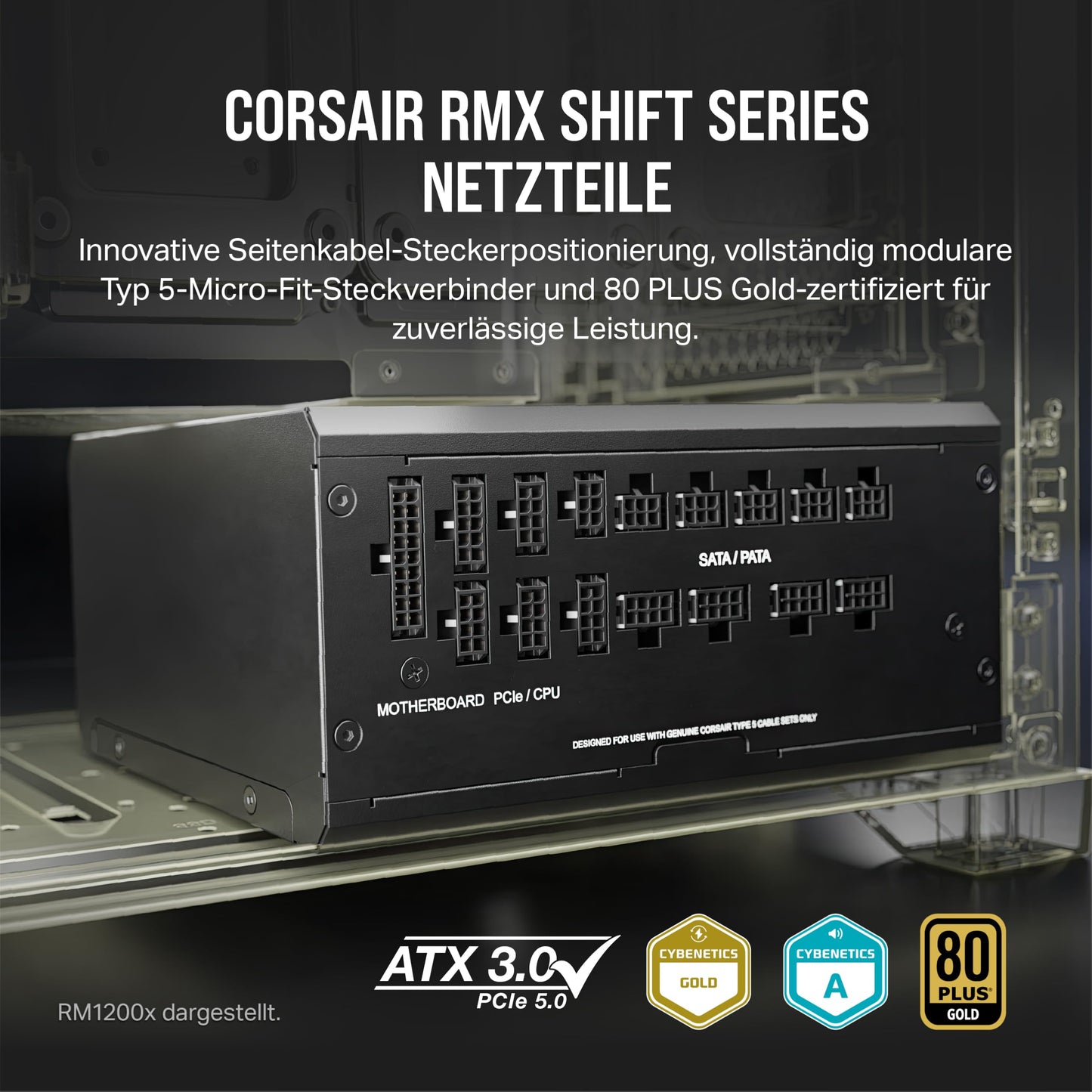 Corsair RM1000x Shift, Fully Modular ATX Power Supply, Modular Side Interface, ATX 3.1 & PCIe 5.1 Compatible, Zero Speed Fan Mode, 105°C Capacitors, 80 Plus Gold Efficiency, Black - CP-9020253-EU