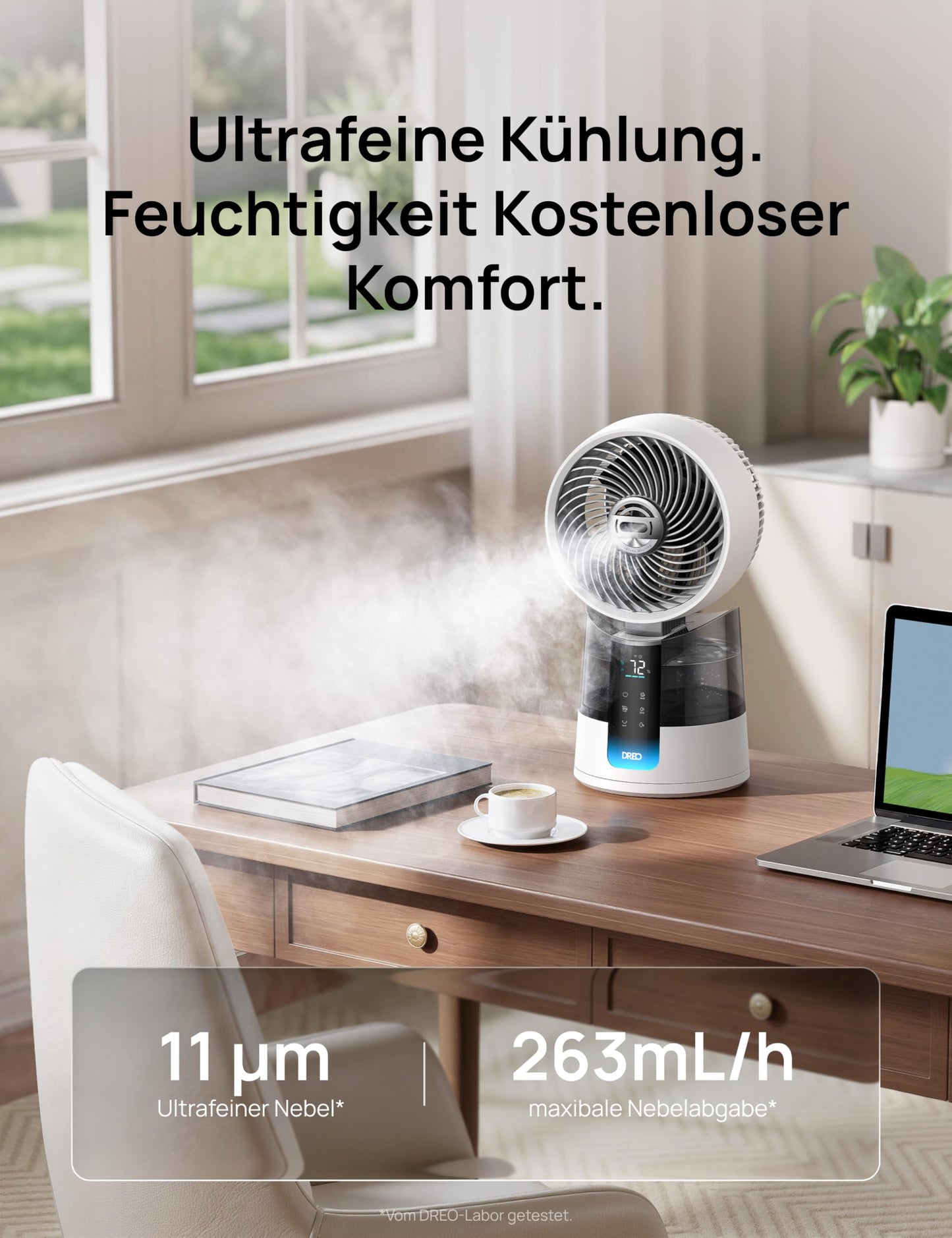 DREO TurboCool Mist Fan 516S, table fan with 150°+30° oscillation, evaporative cooler, 7.9 m/s, ultra-fine mist, 20 dB quiet, 6 speeds, 2 modes, app & remote control, RGB, white - DR-HEC006S