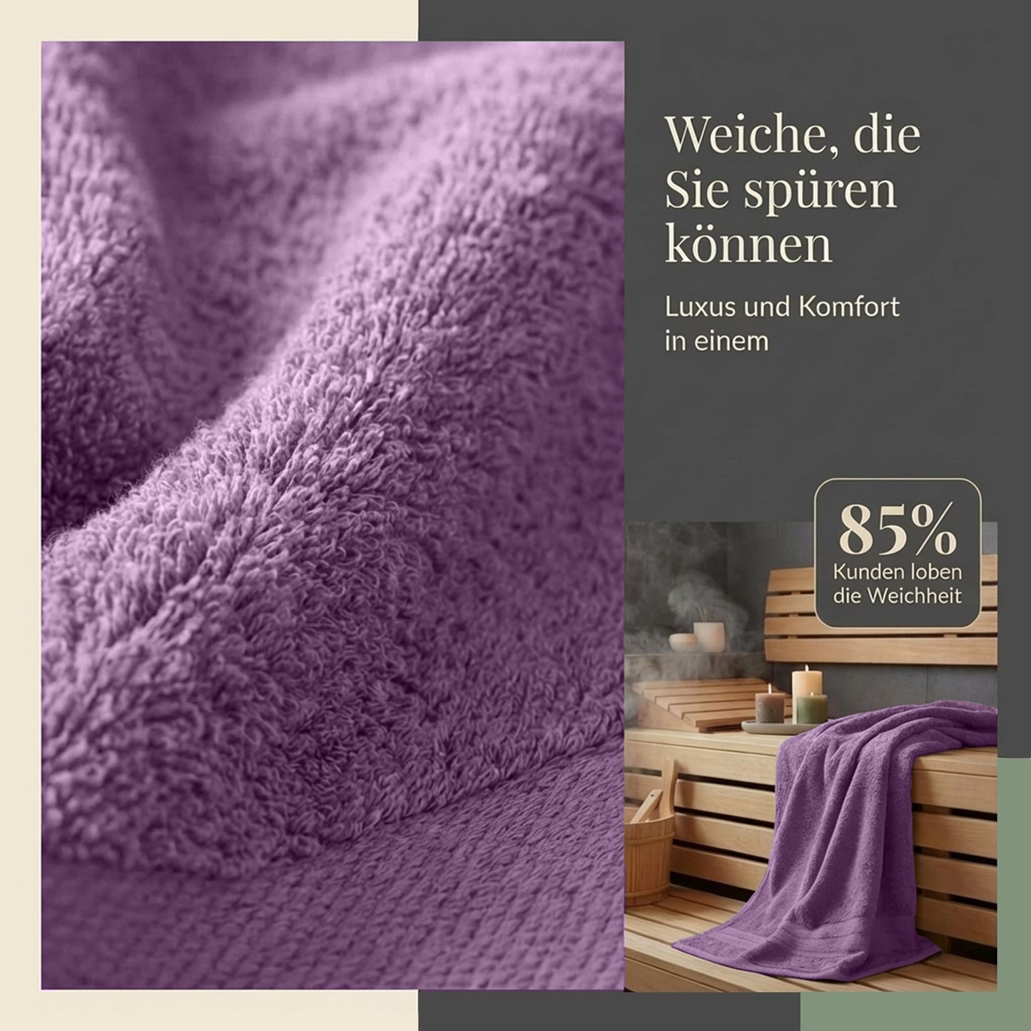 Komfortec 2 sauna towel set 80x200 cm, large sauna towels made of 100% cotton, sauna towels, fluffy and absorbent, quick-drying, purple - 2er-80x200-violett