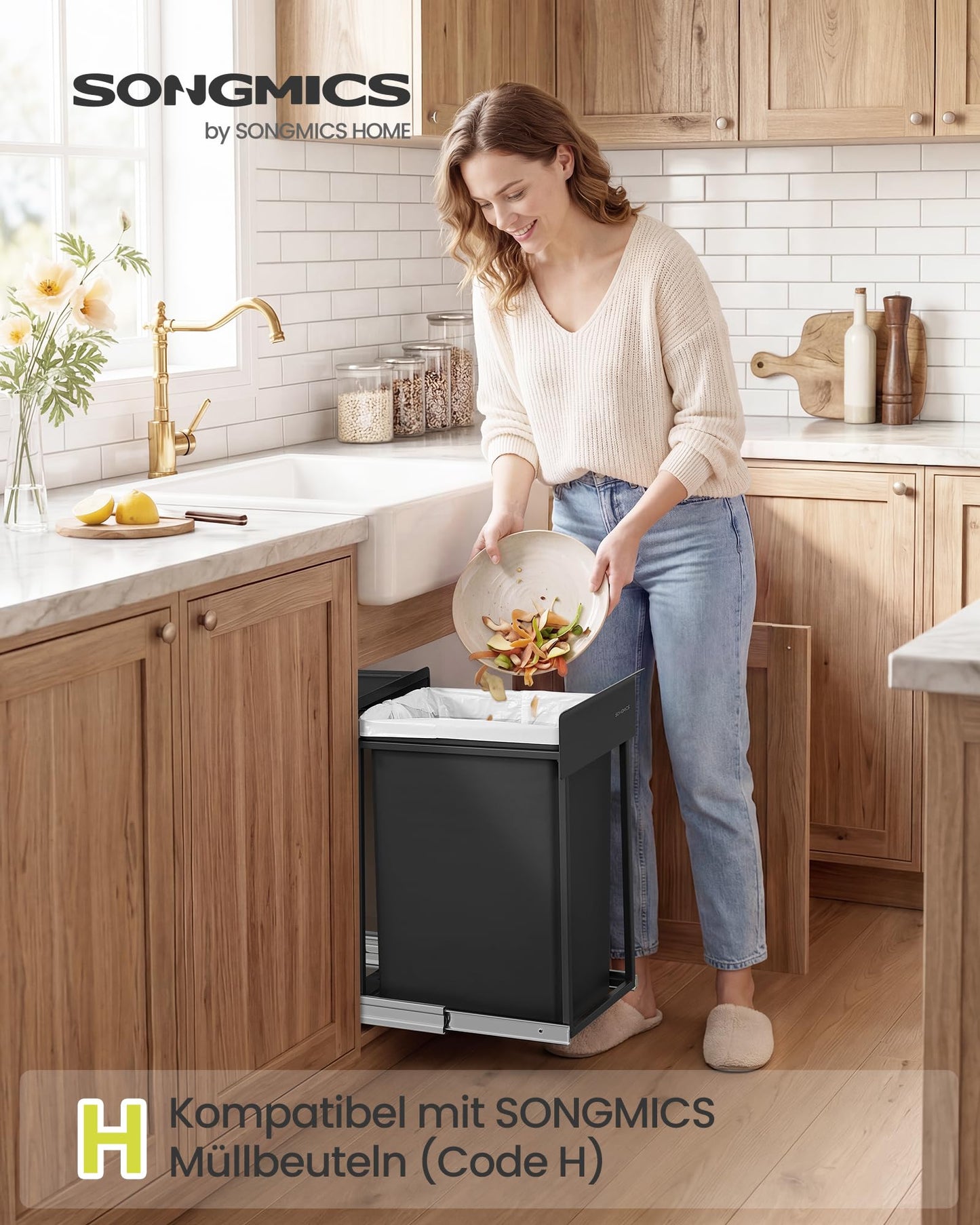 SONGMICS Kitchen Trash Can for Base Cabinet, 1 x 20 L, Extendable Trash Can, Steel Frame, ABS Lid, Ink Black LTB920BZ01