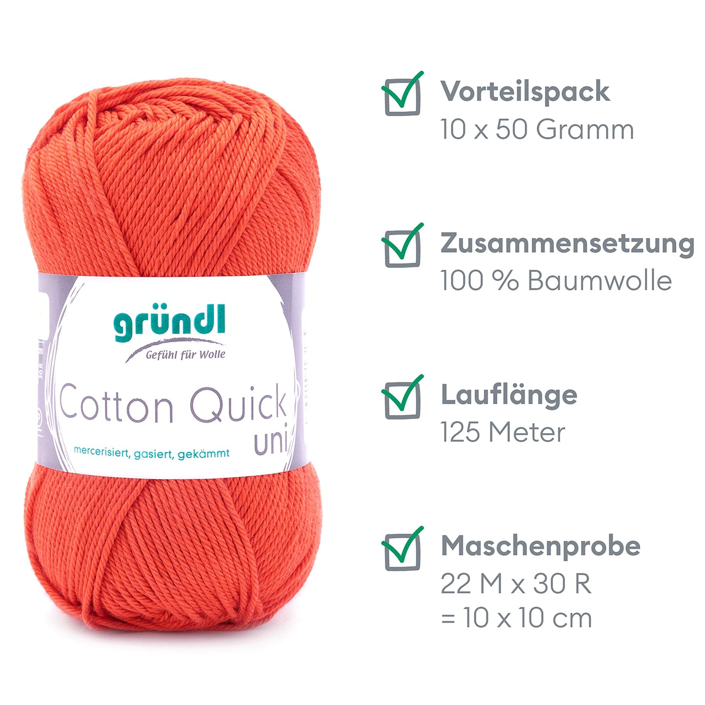 Gründl Wolle Cotton Quick uni - thin wool for crocheting - knitting yarn - crochet yarn - shiny and skin-friendly - 100% cotton - 10 balls 50 g / 125 m - needle size 3-4 - orange - 865-119