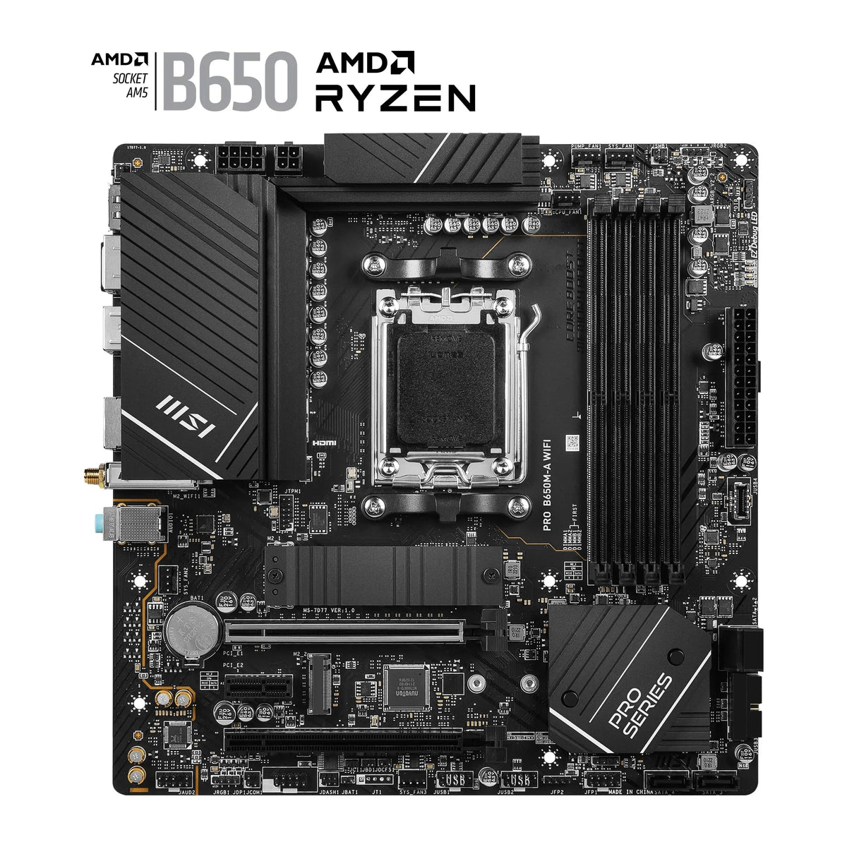 MSI PRO B650M-A WiFi Motherboard, Micro-ATX - Supports Ryzen 9000, 8000 & 7000 Series Processors, AM5 - DDR5 Memory Boost 6400+MHz/OC, 2 x PCIe 4.0 x16, 2 x M.2 Gen4, Wi-Fi 6E - 7D77-001R