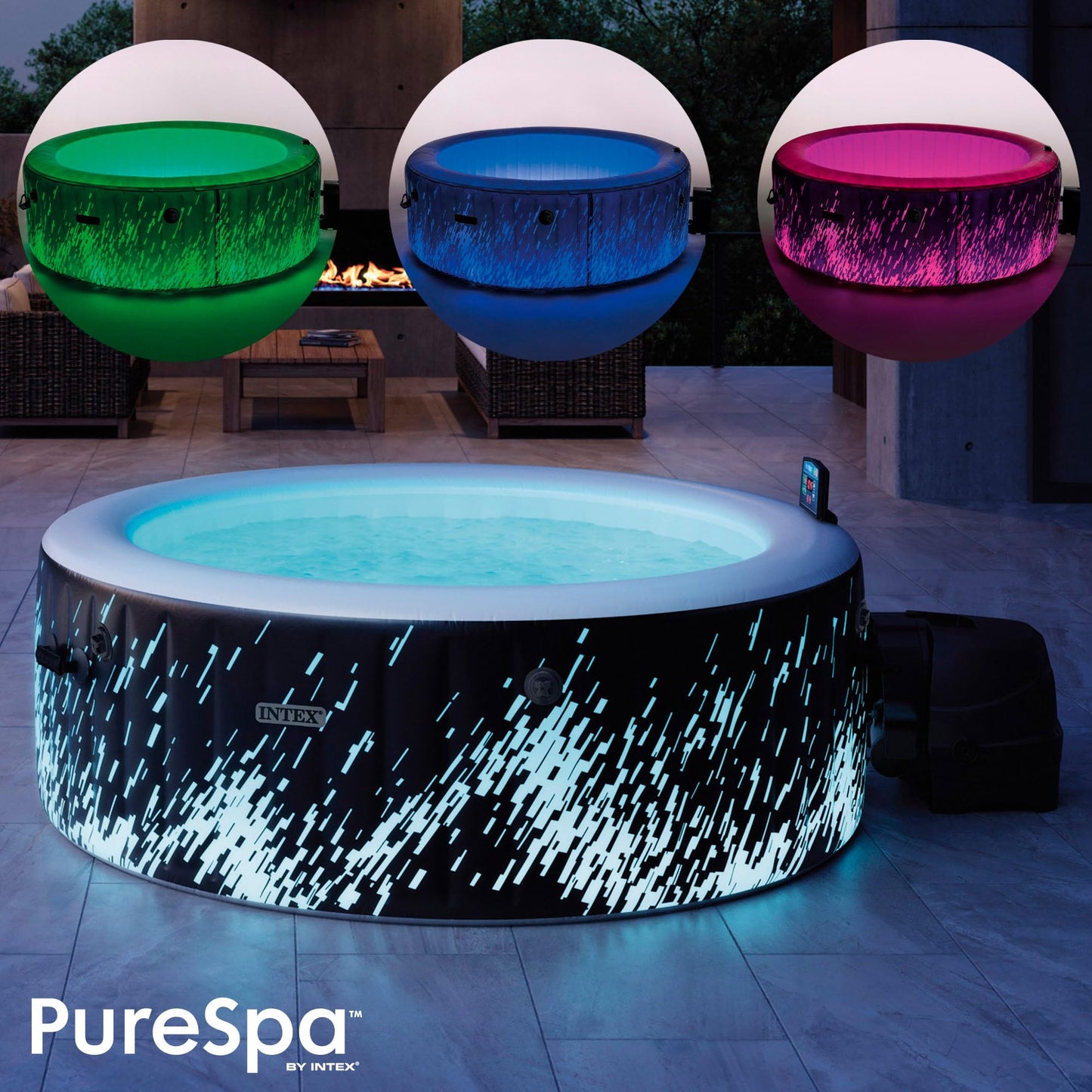 INTEX PureSPA Bubble Glow Deluxe inflatable indoor & outdoor whirlpool for 4 people with ambient light (196x71cm) water softening & salt water system - 140 massage jets - 2200 W heating system (28494NP)