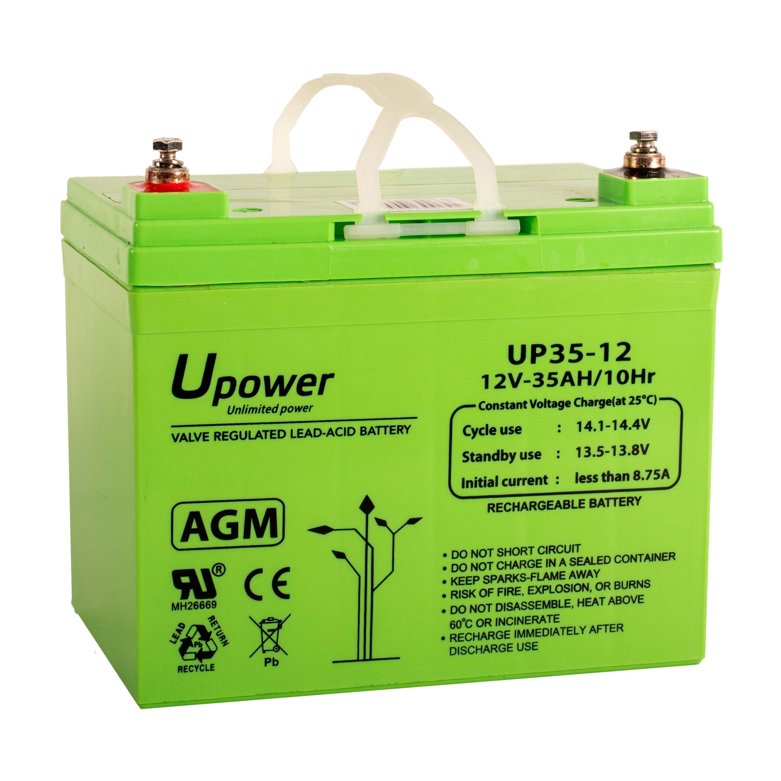 U-Power AGM battery 12V 35Ah, VRLA lead battery maintenance-free, rechargeable, screw connection M6, for UPS/UPS, alarm systems, solar systems & security