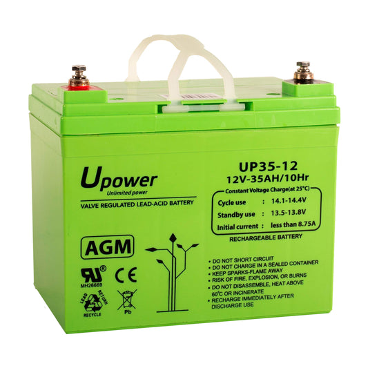 U-Power AGM battery 12V 35Ah, VRLA lead battery maintenance-free, rechargeable, screw connection M6, for UPS/UPS, alarm systems, solar systems & security