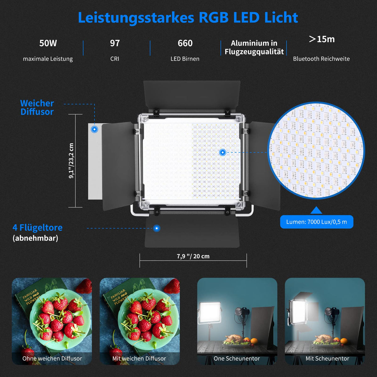 NEEWER 660 PRO 50W RGB LED Videoleuchte Panel cu control APP 360° lumină video cu culoare completă CRI 97 cu barndoor/ suport U pentru fotografie cu lumină continuă în studio - 10105695
