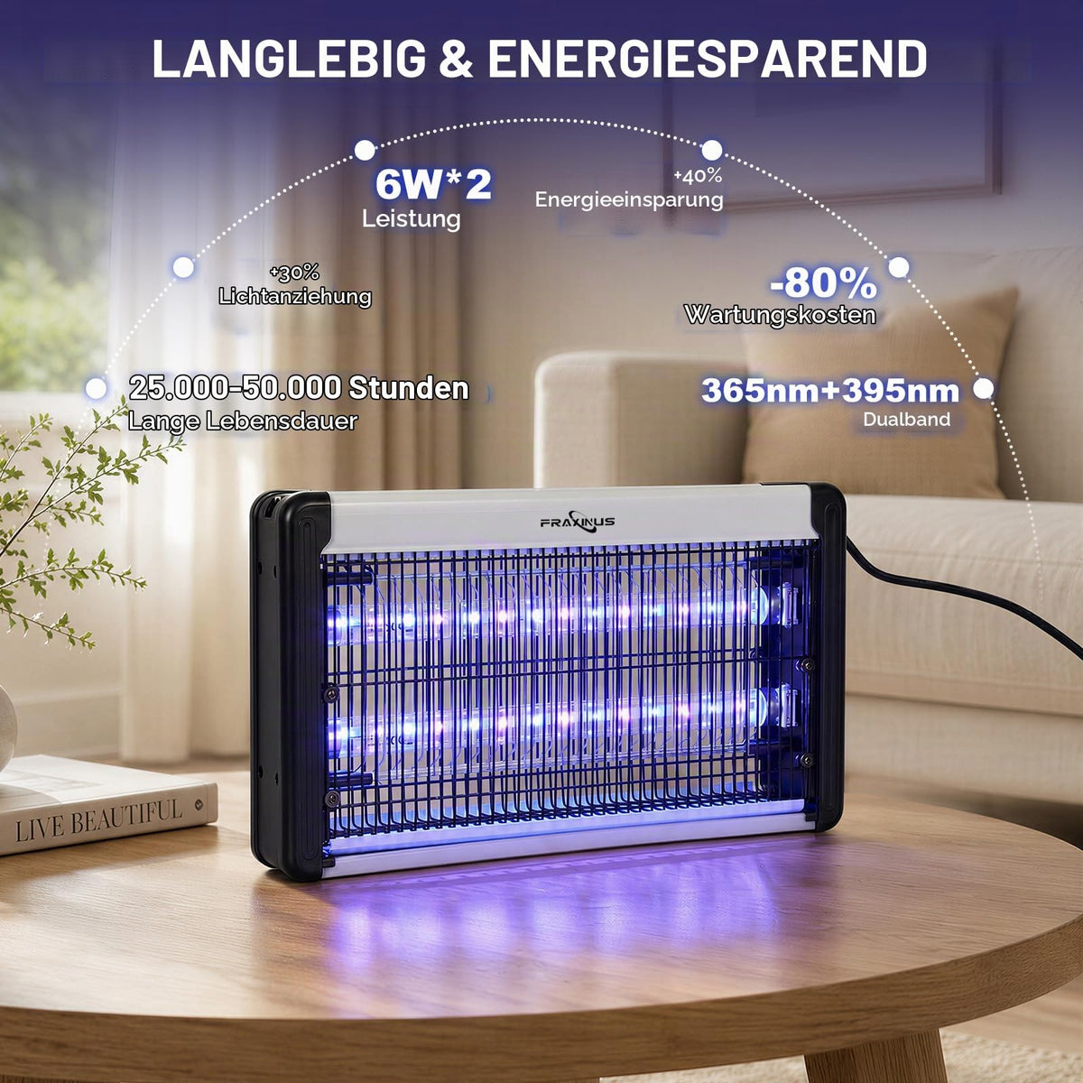 FRAXINUS Insecticid Electric, Capcană pentru muște pentru interior, Capcană pentru țânțari pentru interior, Lampă UV pentru țânțari, Lumină LED cu consum redus de energie, Perfectă împotriva muștelor, moliilor și țânțarilor. (Îmbunătățită cu cablu de