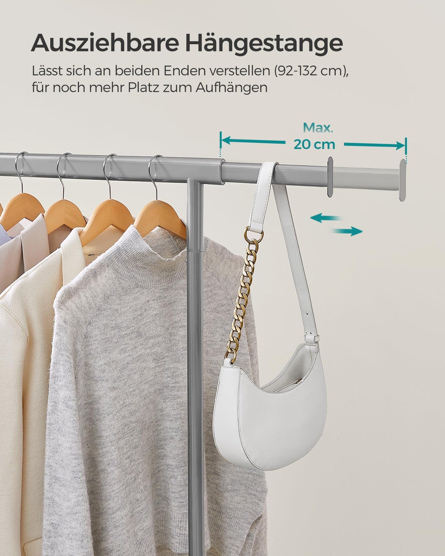SONGMICS clothes rack on wheels, heavy-duty coat rack, extendable clothes rail, loads up to 100 kg, easy assembly, transportable, dove gray HSR013G01 - UHSR013G01