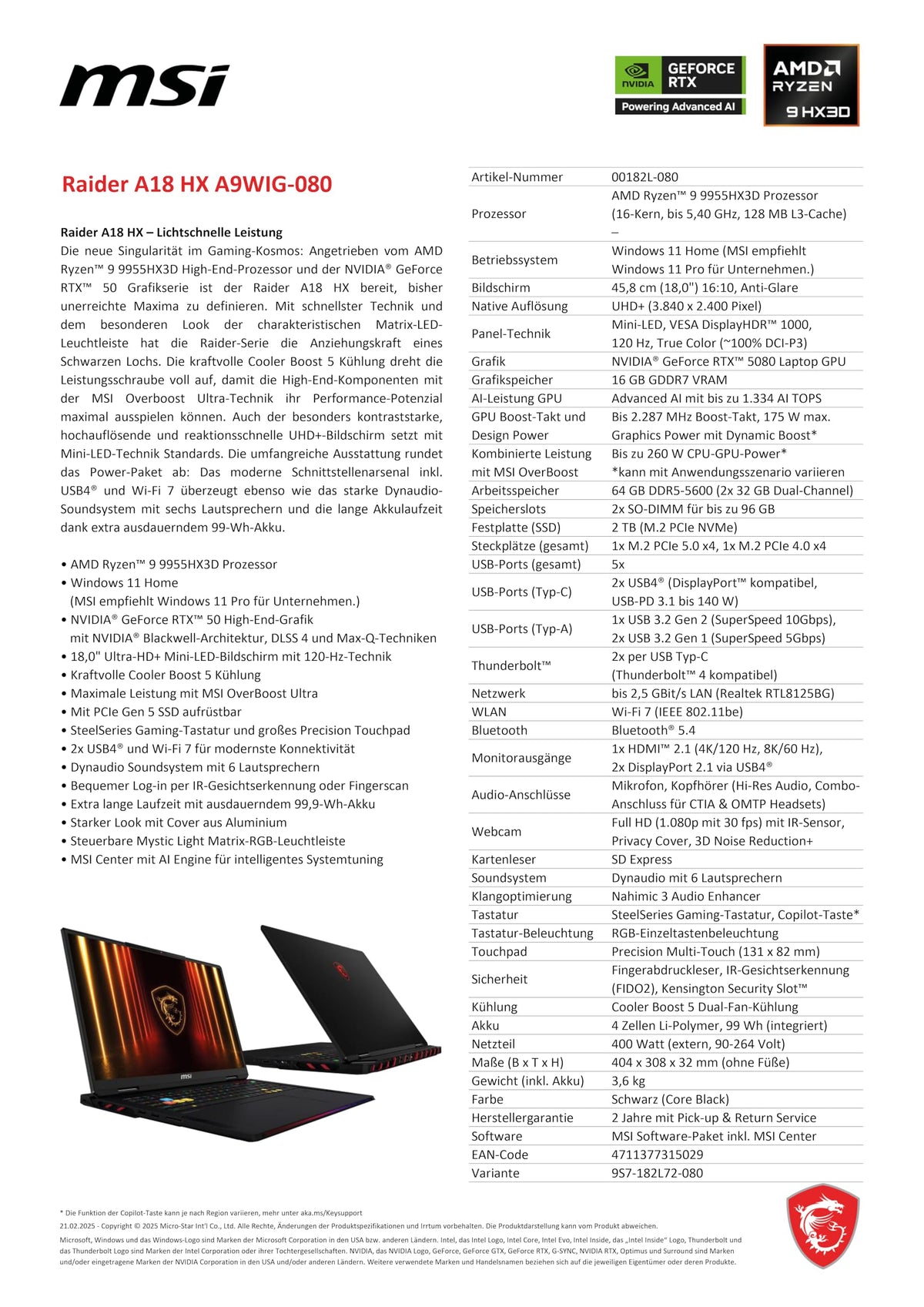 MSI Raider A18 HX Gaming Laptop, 18" UHD+ Mini-LED 120 Hz Display, AMD Ryzen 9 9955HX3D, NVIDIA GeForce RTX 5080, 64 GB DDR5, 2 TB SSD, Windows 11 Home, QWERTZ Keyboard, A9WIG-080 - 00182L-080