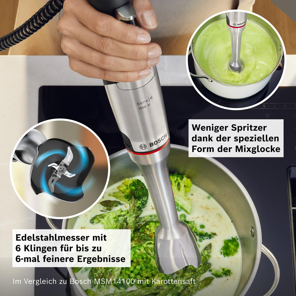 Bosch Hand Blender, Mixing Cup, Universal Chopper, Stainless Steel Blades, Dishwasher Safe, Spiral Cable, 1500 Watts, ErgoMaster Series 8 MSM8M930