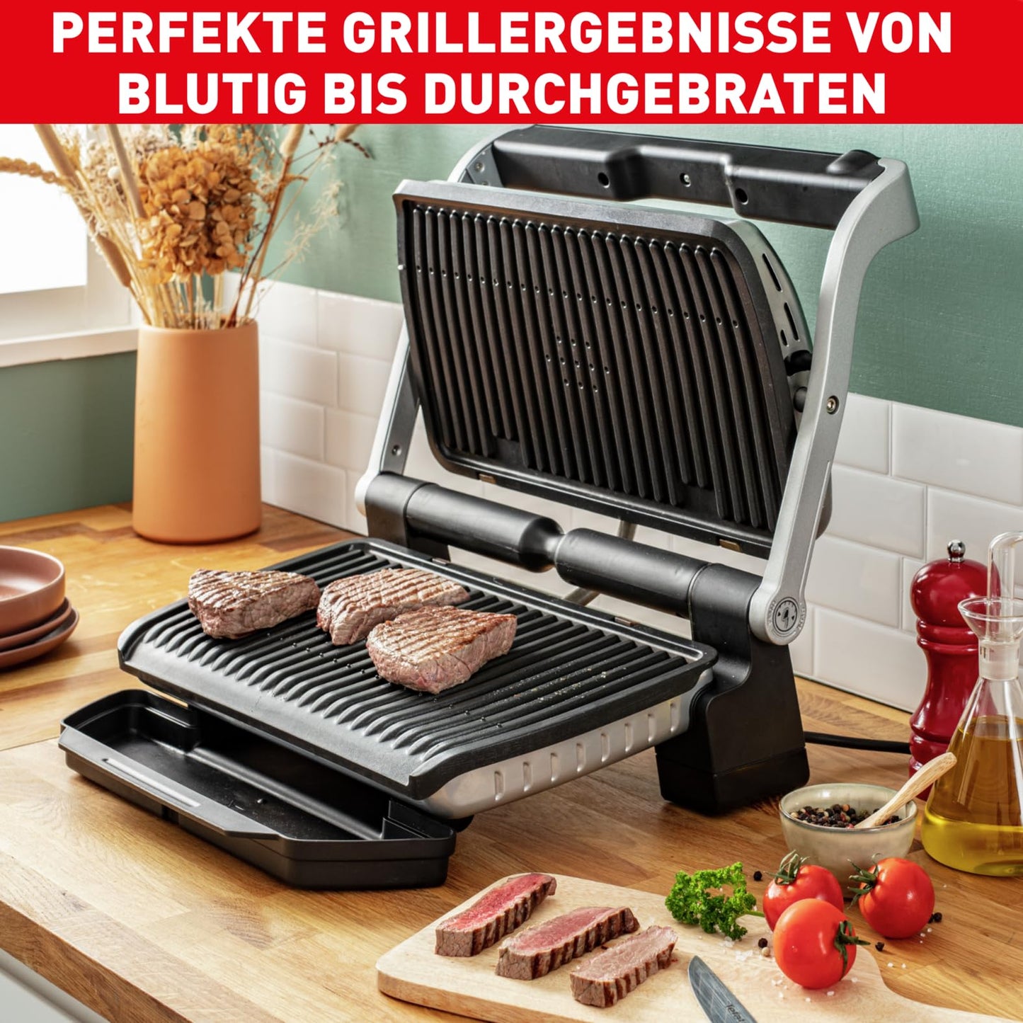Tefal OptiGrill+ XL contact grill, 9 programs, manual mode, 200 W, cooking level display, thickness measurement, removable XL plates, electric grill, stainless steel, GC722D16