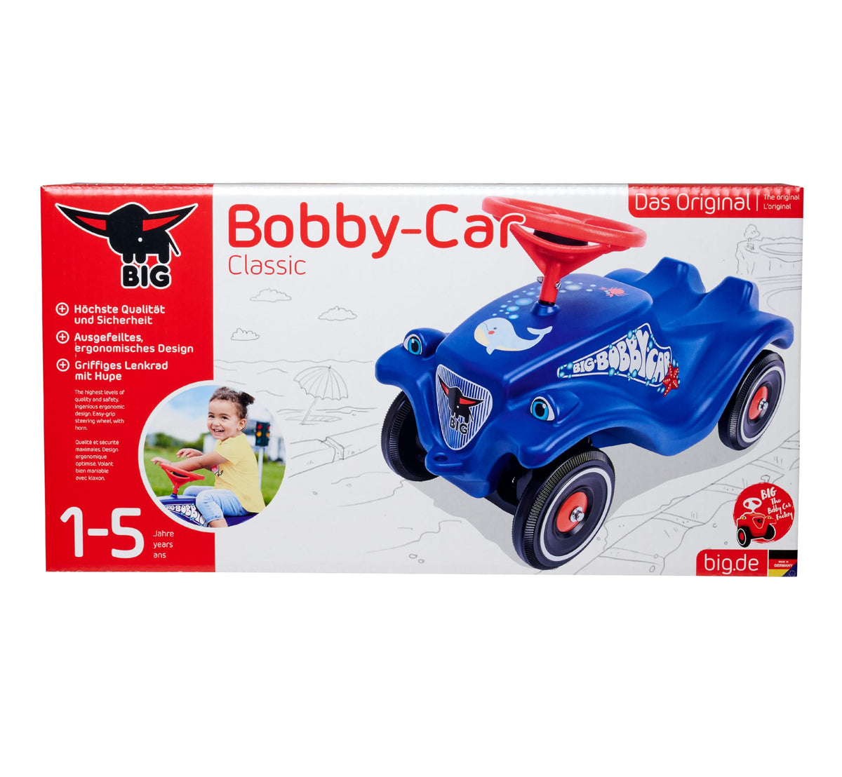 BIG-Bobby-Car Classic Ocean - Children's vehicle with stickers in ocean design, suitable for boys and girls, load capacity up to 50 kg, ride-on toy for children from 1 year old, blue, Vlau - 800056130