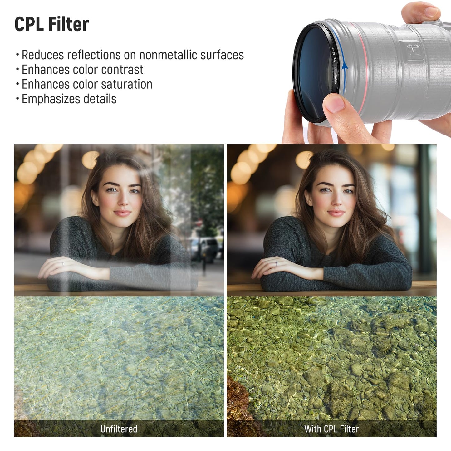 NEEWER 82 mm UV/CPL/ND lens filter set, UV protection + circular polarizing filter + gray filter (ND8) camera lens filter set with multi-coated optical glass, slim frame and storage box - 10106148