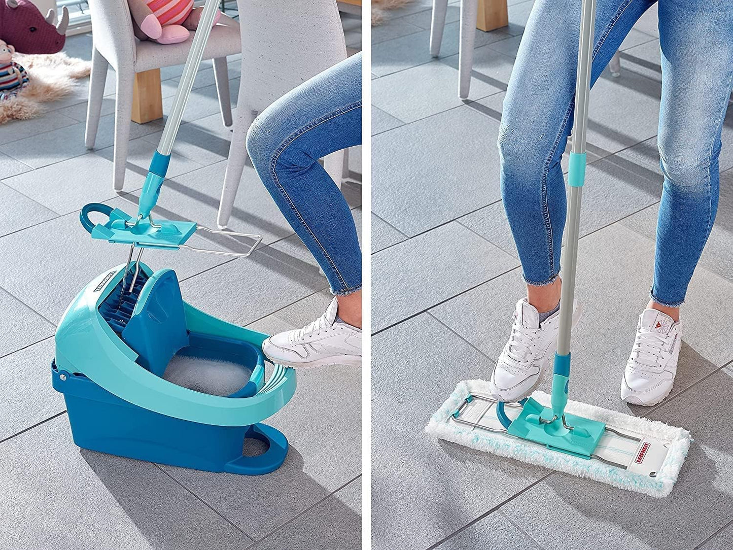 Leifheit back-friendly floor mop Profi XL Micro Duo, steel handle 146cm, mop with foot click, microfiber cover for tiles and laminate, 360 degree swivel joint, click system - 55019