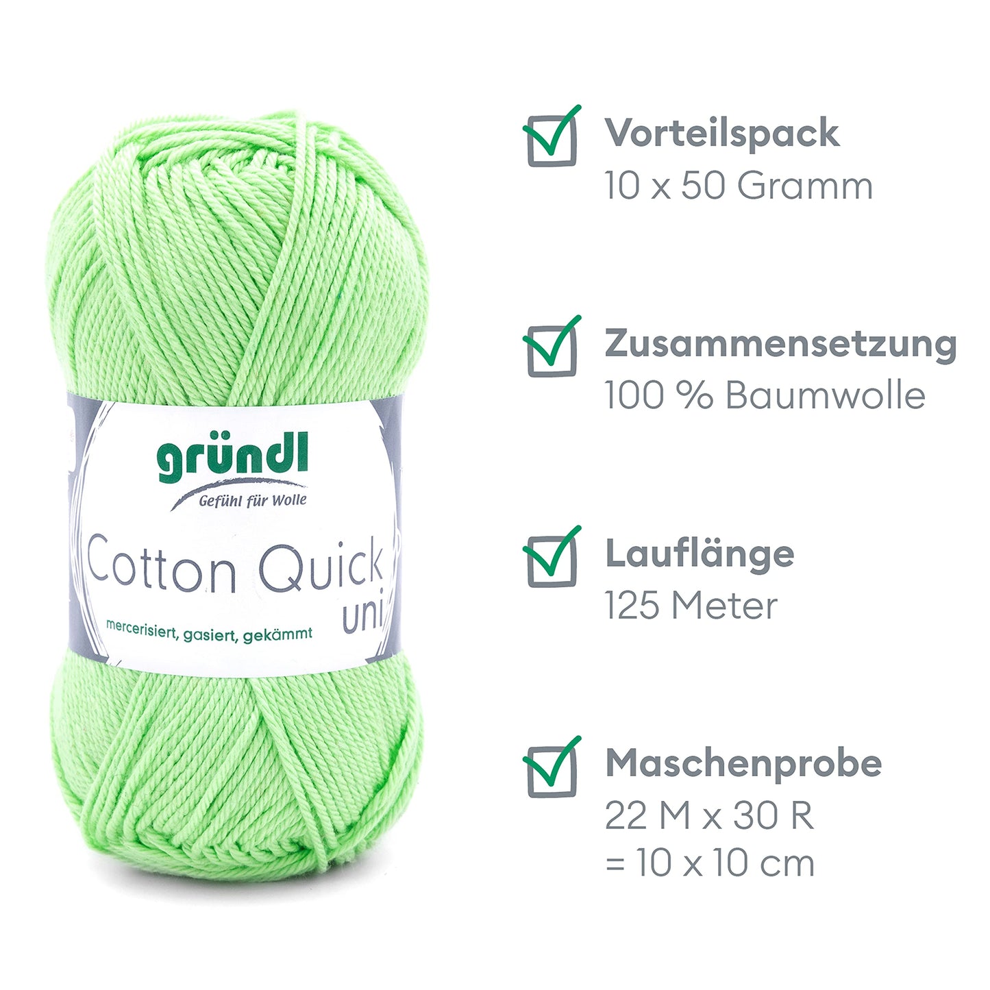 Gründl Wolle Cotton Quick uni - thin wool for crocheting - knitting yarn - crochet yarn - shiny and skin-friendly - 100% cotton - 10 balls 50 g / 125 m - needle size 3-4 - kiwi - 865-103