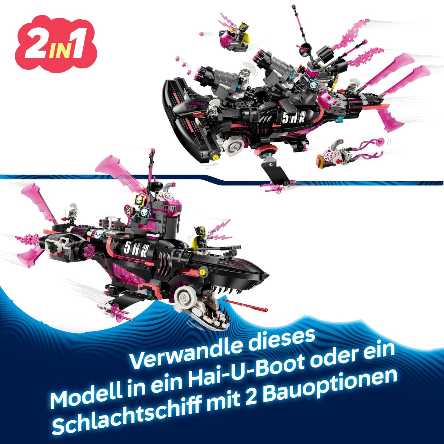 LEGO DREAMZzz Nightmare Shark Submarine - Modular set with 2 building options, 2 removable aircraft and 5 minifigures, including Mateo and Astrid - Gift for girls and boys aged 9 and up - 71500