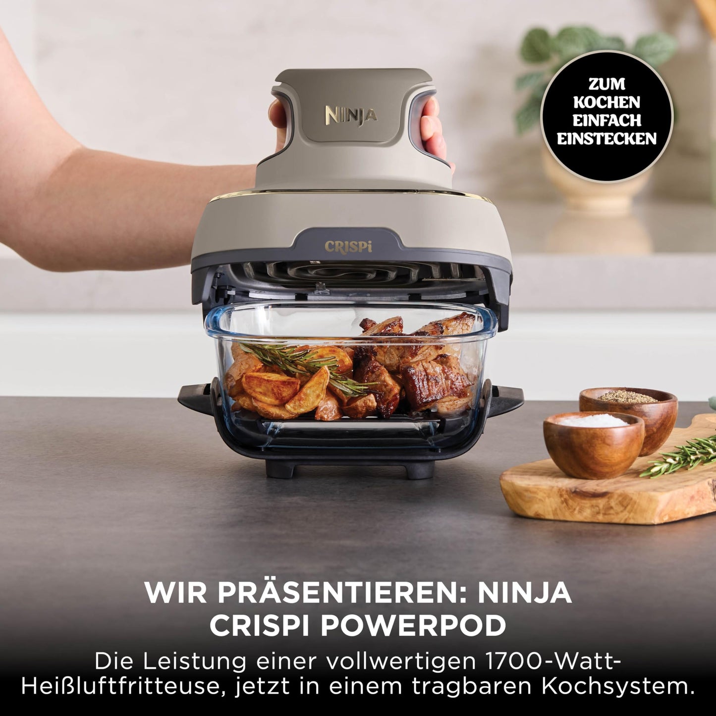 Ninja CRISPi Portable Air Fryer, 3.8L, 4-in-1: Air Frying, Roasting, Keeping Warm, Recrisp, 6 Servings, 2 Removable Glass Containers & Lids, 1700W, Stone Gold FN101EUSTGD
