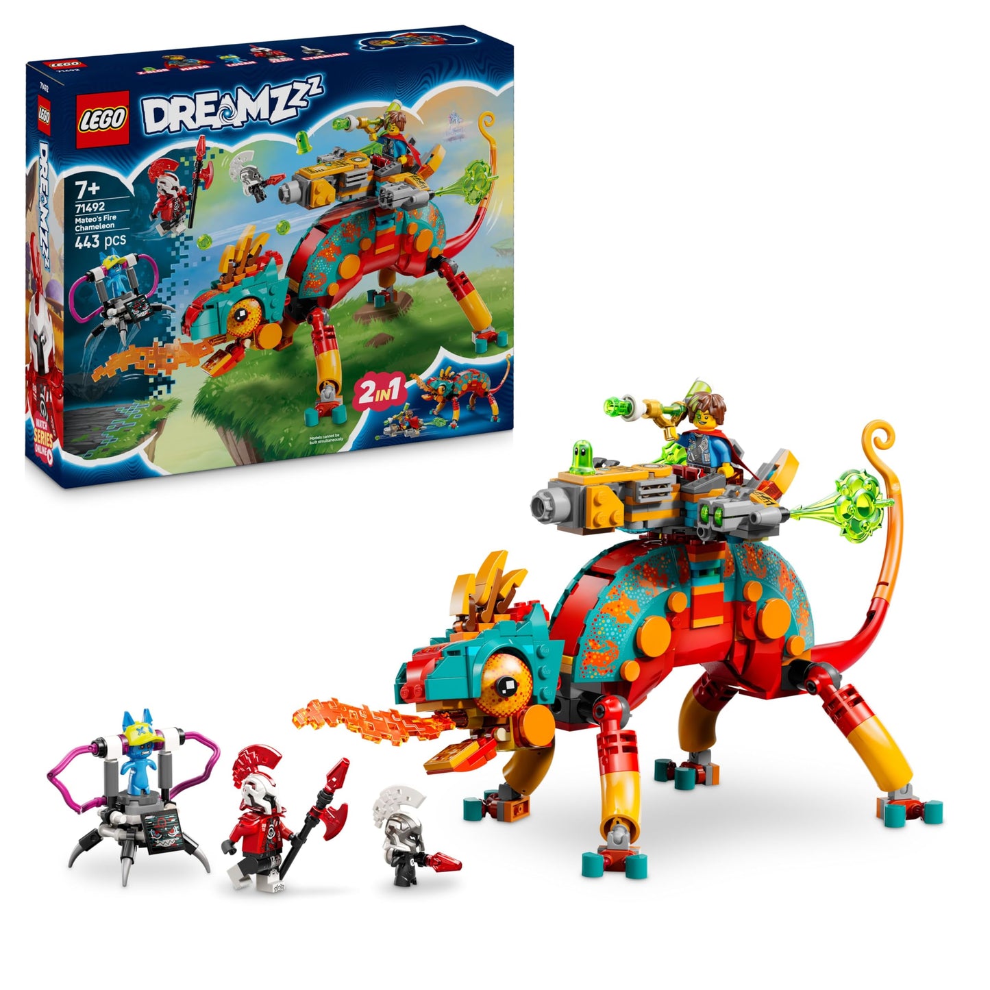 LEGO DREAMZzz Mateos Fire Chameleon - animal figure that transforms into a toy jet & mech or a guardian - building set for girls and boys aged 7 and up including 2 minifigures - gift 71492