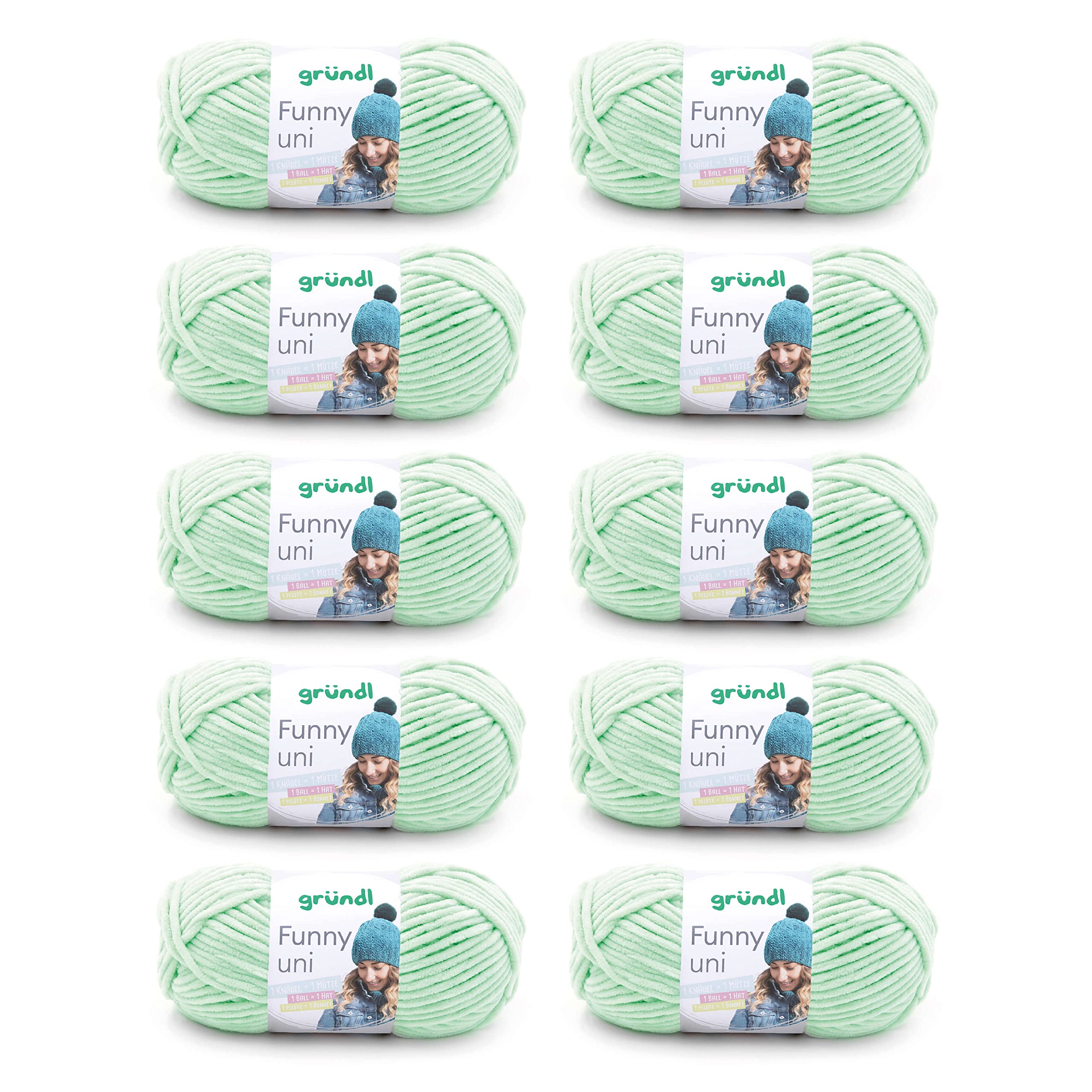 Gründl Wolle Funny uni - lână moale tip chenille pentru croșetat - pufoasă și delicată cu pielea - 100% poliester - 10 sculuri 100 g / 120 m - mărimea acului 5-6, verde pastel - 3442-04