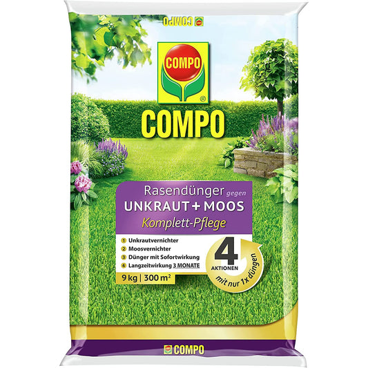 COMPO lawn fertilizer against weeds and moss complete care lawn fertilizer with weed killer, moss killer, 3 months long-term effect 9 kg, for 300m² - 26173