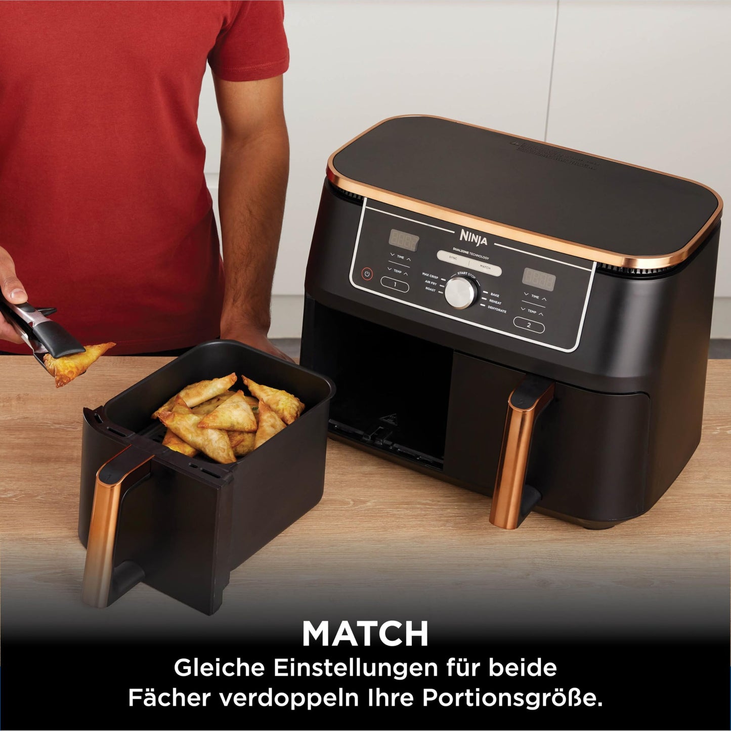 Ninja Foodi MAX Dual Zone Air Fryer, 9.5L Airfryer, 2 Compartments, with Tongs, Non-Stick Coating, Dishwasher Safe Baskets, 6-in-1, Amazon Exclusive, Copper/Black, AF400EUCP