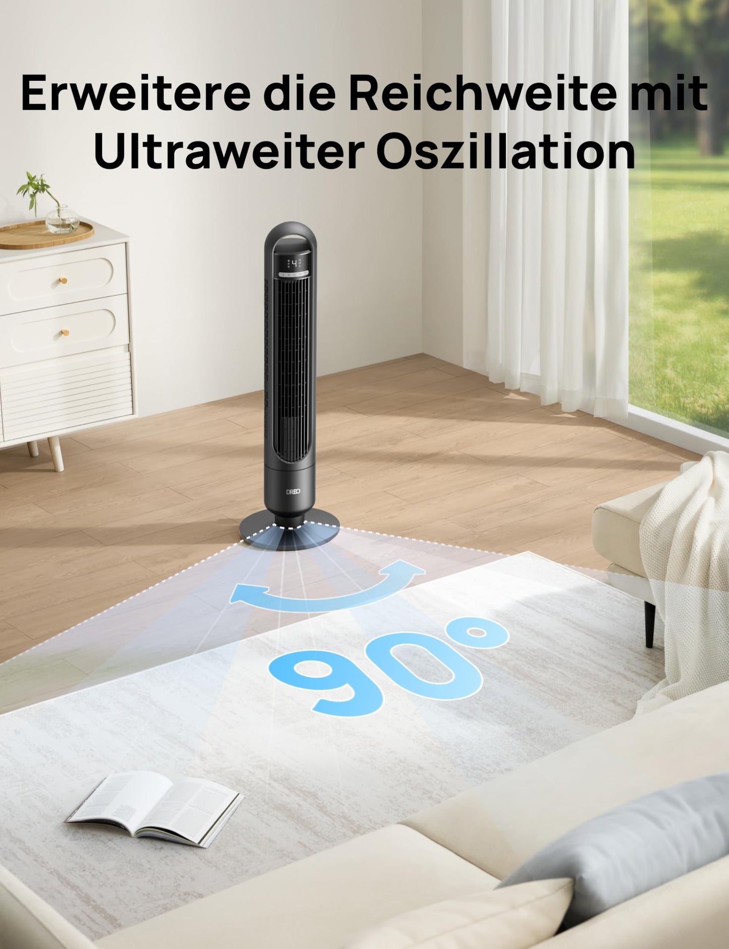 DREO Smart tower fan for the bedroom, quiet pedestal fan with 28 dB, air range up to 8.8 m, 4 levels & 3 modes, 8 hour timer, app, Alexa & Google, 90° oscillation, for home/office - DR-HTF017S