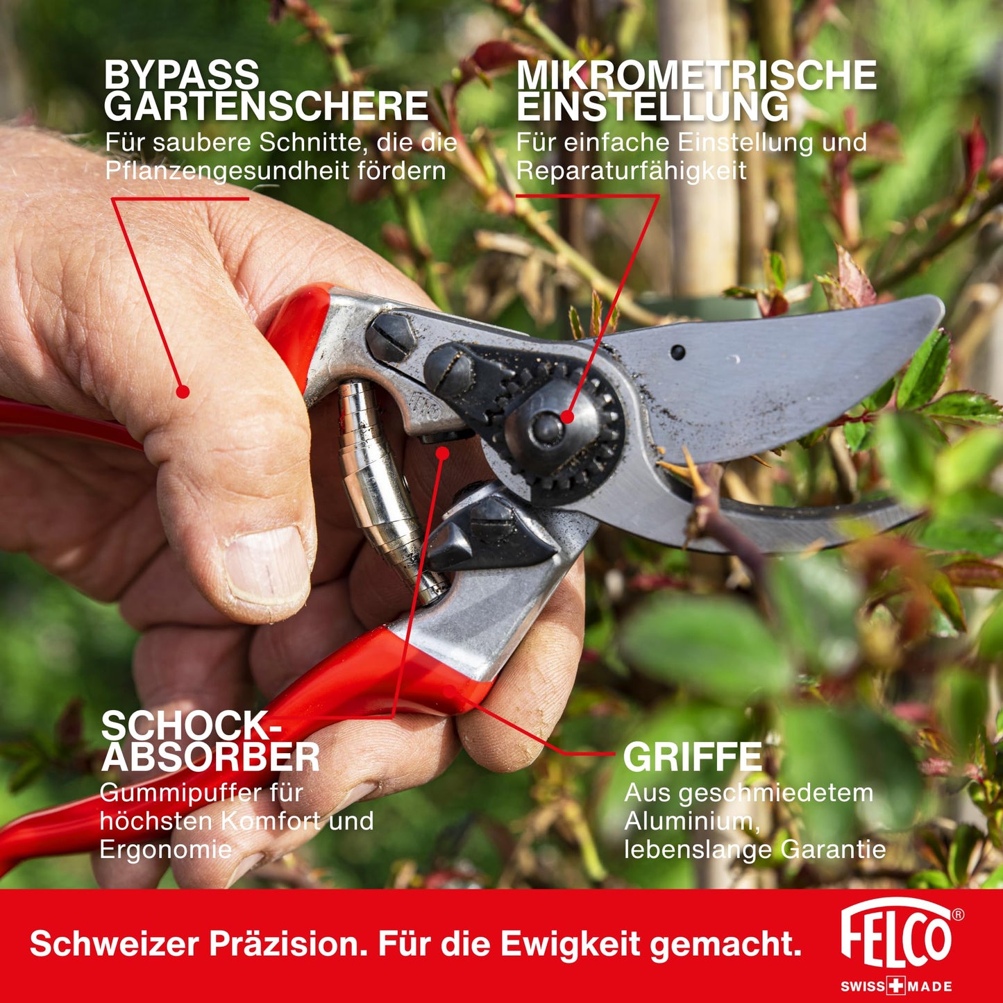 FELCO 9 left-handed bypass secateurs, ergonomic for large hands, 52mm steel blade, 25mm cutting diameter, shock absorber, forged aluminum handles, angled cutting head, Swiss Made - F-9