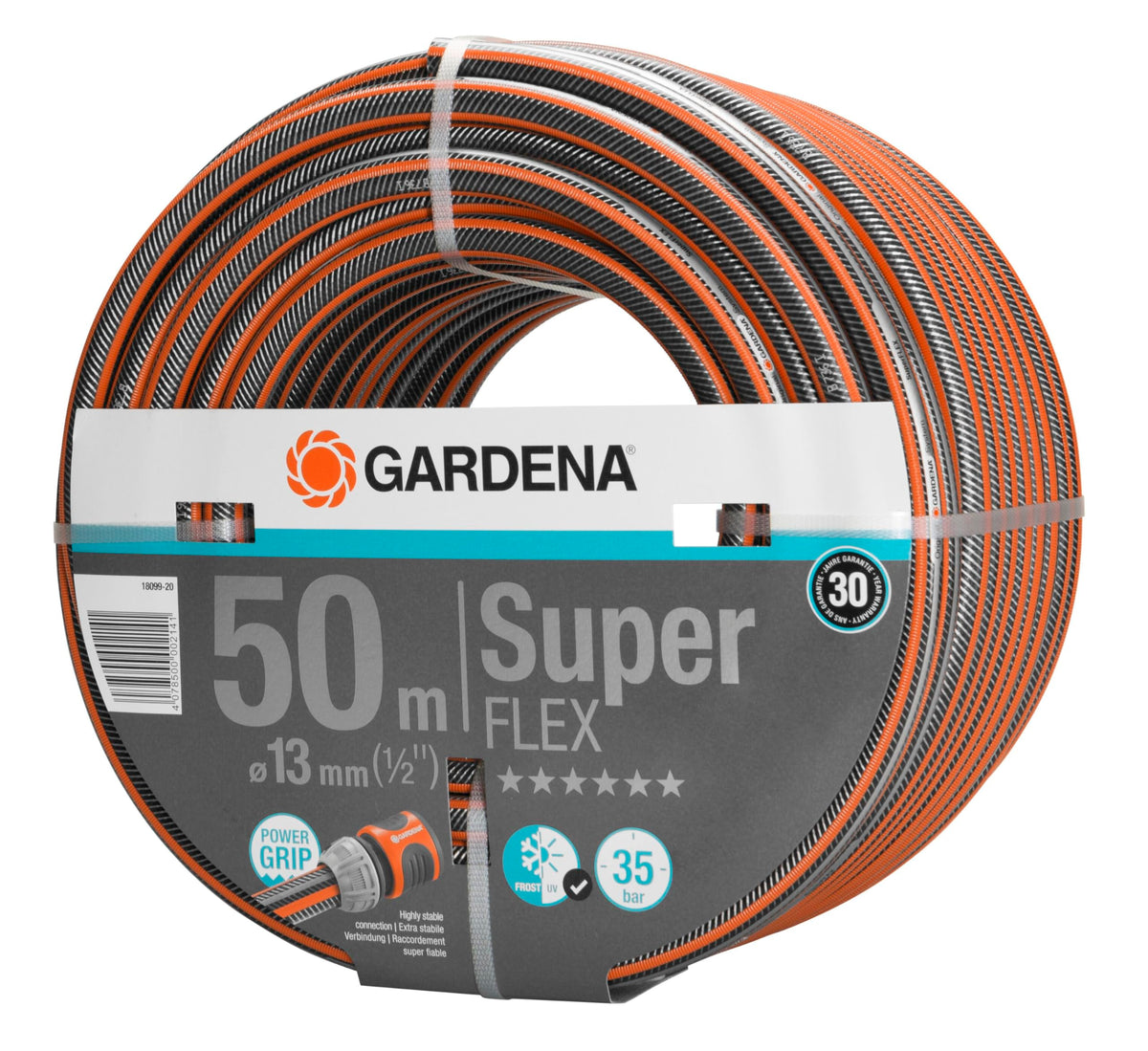 Furtun Gardena Premium Superflex 13 mm (1/2 inch), 50 m: furtun de grădină cu profil power grip, presiune de spargere de 35 bar, foarte flexibil, stabil dimensional, rezistent la UV, clorură de polivinil (PVC), udare în grădină - 18099