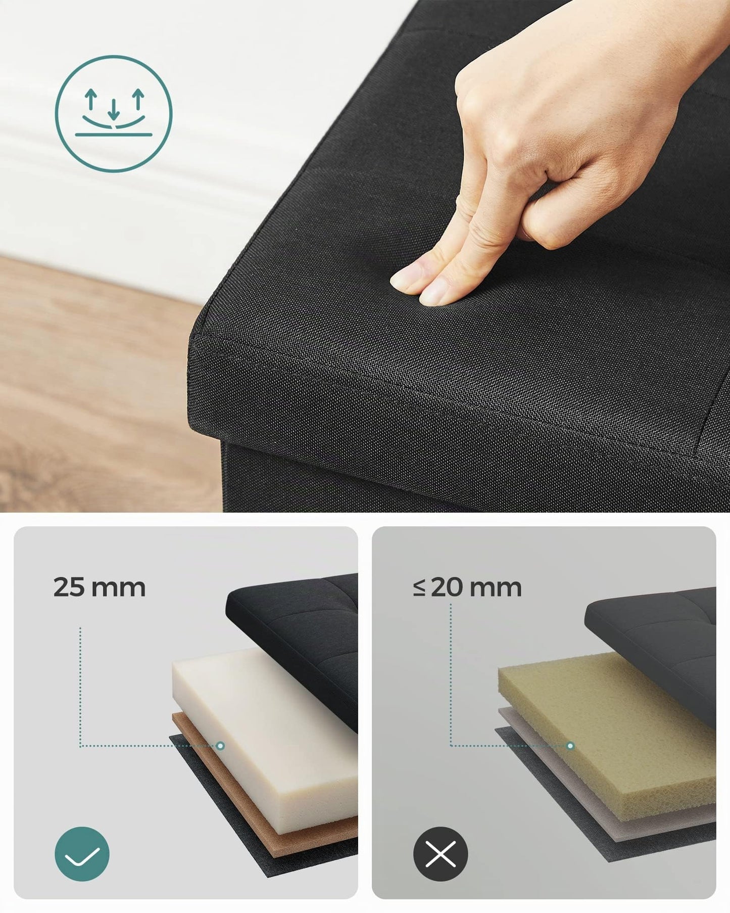 SONGMICS Stool with storage space, folding bench, 38 x 110 x 38 cm footstool, storage box, loads up to 300 kg, for living room, bedroom, hallway, ink black LSF077B01
