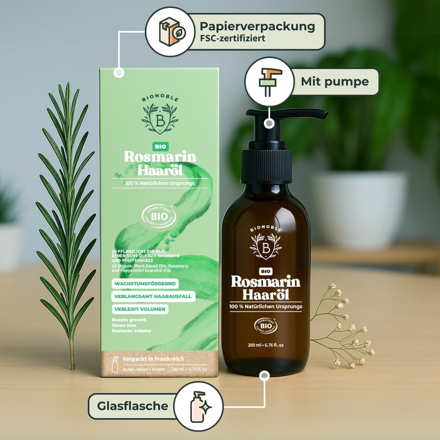 BIONOBLE Rosemary Oil Hair Organic - Promotes Hair Growth, Slows Hair Loss, Scalp Oil - Hair Oil with Rosemary Oil and Castor Oil - Rosemary Oil for Hair Growth - Glass Bottle with Pump - 200ml - France