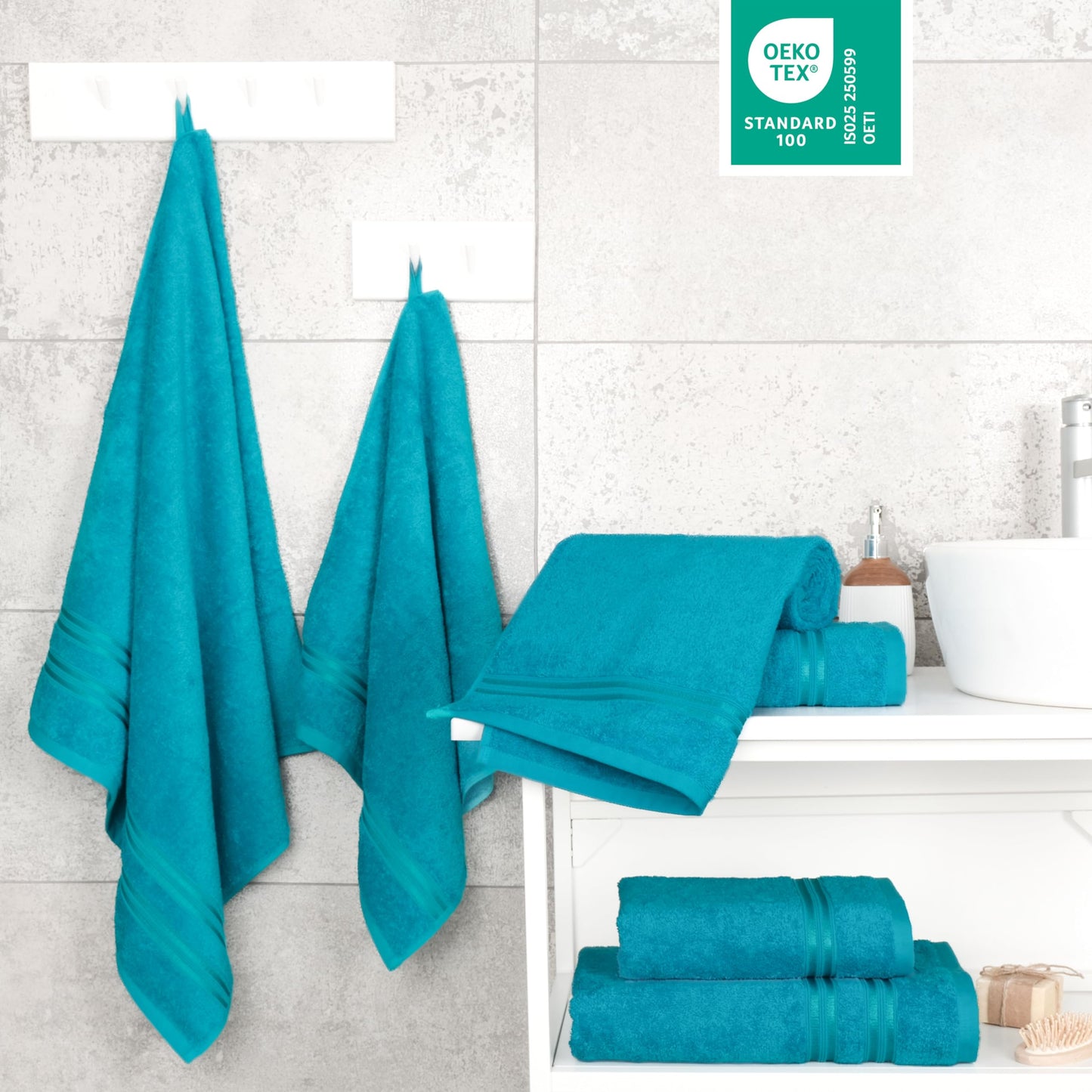 Hammetex set of 6 towels - 2 bath towels 70x140 cm & 4 hand towels 50x100 cm - 100% cotton terry - Oeko-TEX certified - soft, absorbent - with hangers, turquoise - RN66