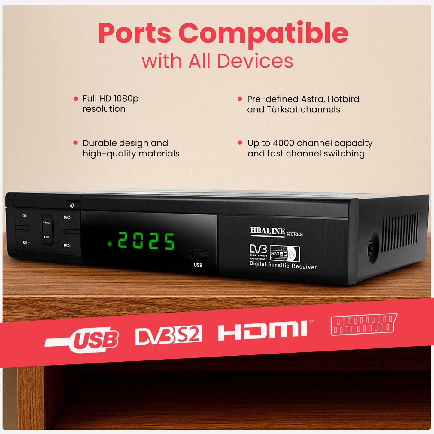 Hd-line 20700 HD Sat Receiver Satellite DVB S2 HD Receiver for SAT Digital Satellite SAT Receiver (DVB-S/S2, HDMI, SCART, 2X USB 2.0, Full HD 1080p) (Pre-programmed for Astra Hotbird and Türksat)