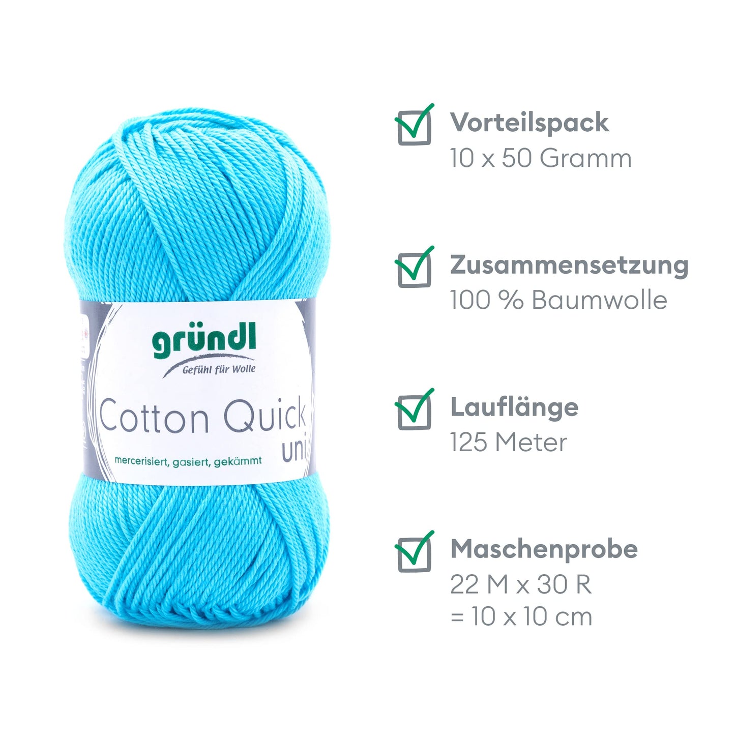 Gründl Wolle Cotton Quick uni - thin wool for crocheting - knitting yarn - crochet yarn - shiny and skin-friendly - 100% cotton - 10 balls 50 g / 125 m - needle size 3-4 - water blue - 865-136