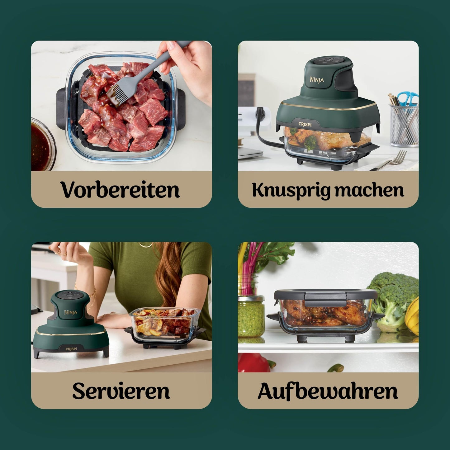 Ninja CRISPi Portable Air Fryer, 3.8L & 1.4L, 4-in-1: Air Fry, Roast, Keep Warm, Crisp, Compact, 3 Removable Glass Containers with Lids, Green FN103EUGN