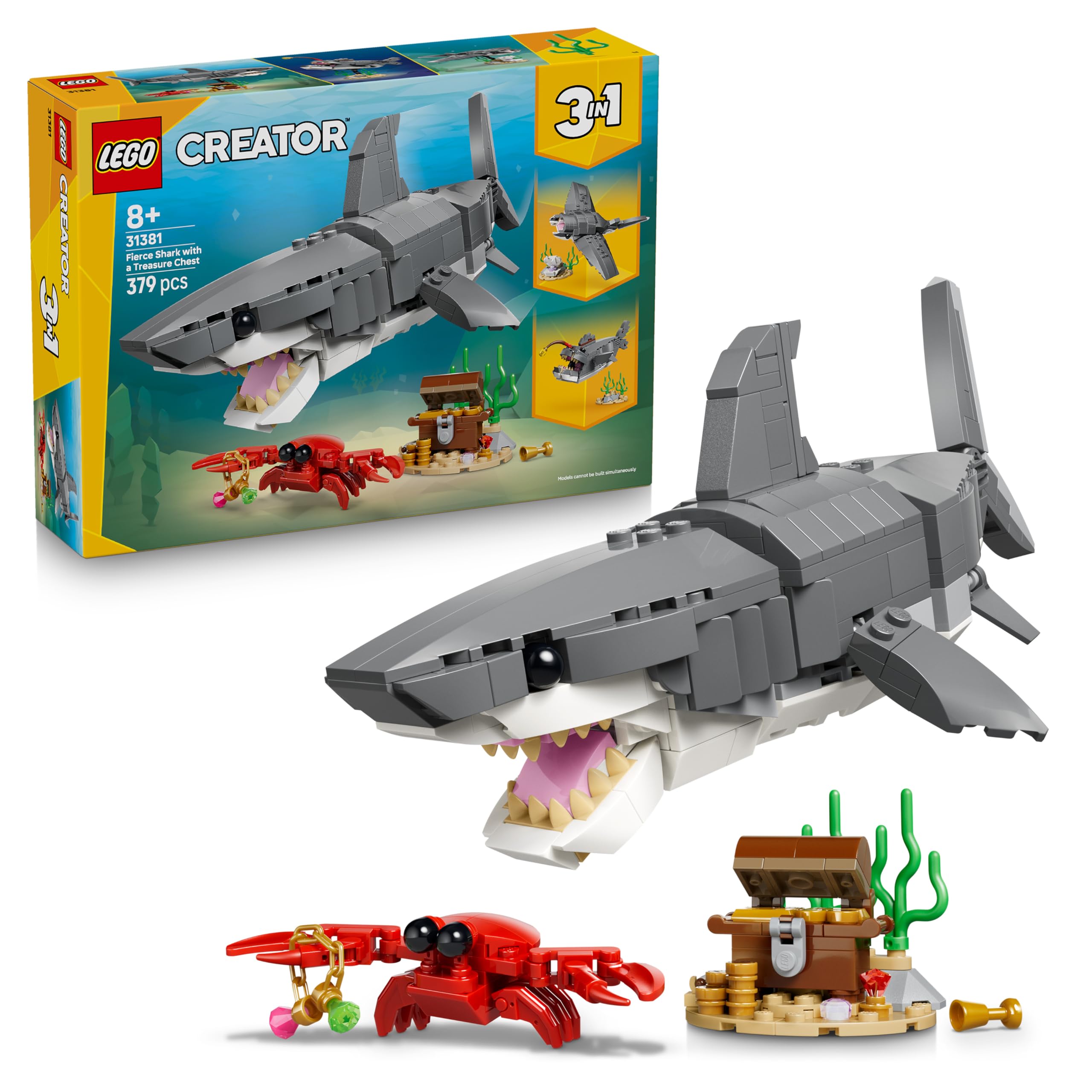 LEGO Creator 3-in-1 Wild Shark Set with Treasure Chest - Creative Toys & Construction Toys - Sea Creatures Building Set with Shark Figure - Gift for Children Ages 8 and Up with 3 Building Options - 31381