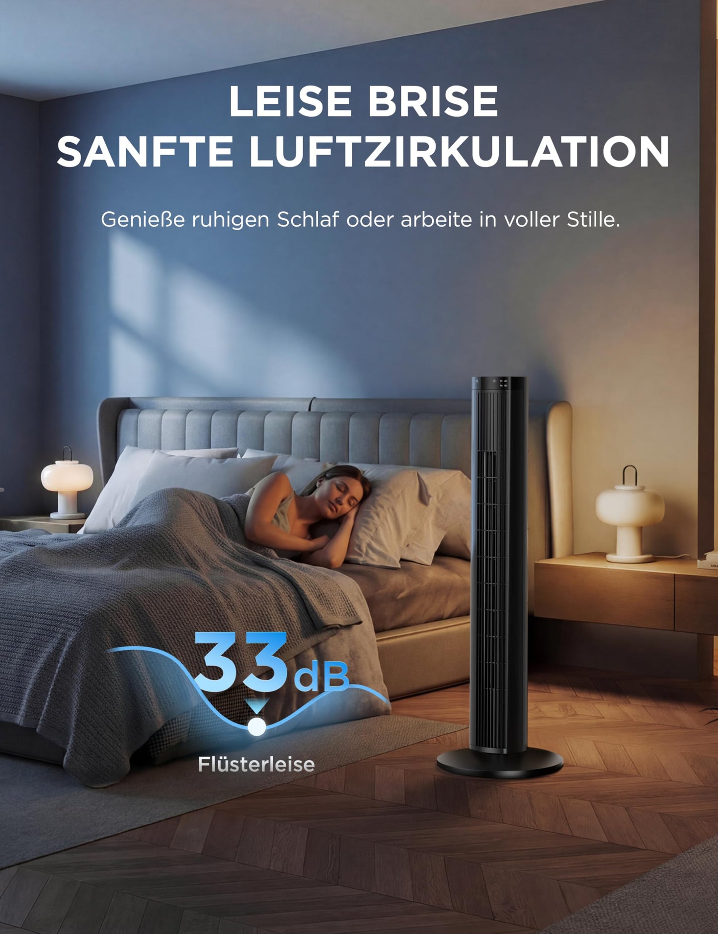 Midea tower fan with remote control FZ10-26MR(BL), 97 cm, 33 dB quiet, 90° oscillation, 15H timer, LED display, 4 speeds & 4 modes, for bedroom & office, black