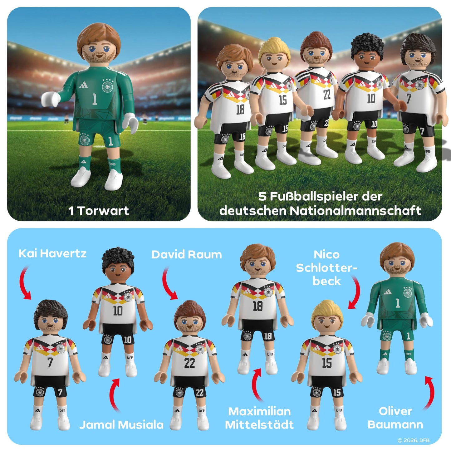 PLAYMOBIL | DFB | World Cup Collector's Set 2 | Football World Cup with Kai Havertz, Jamal Musiala, David Raum, Maximilian Mittelstädt, Nico Schlotterbeck & goalkeeper | 210450