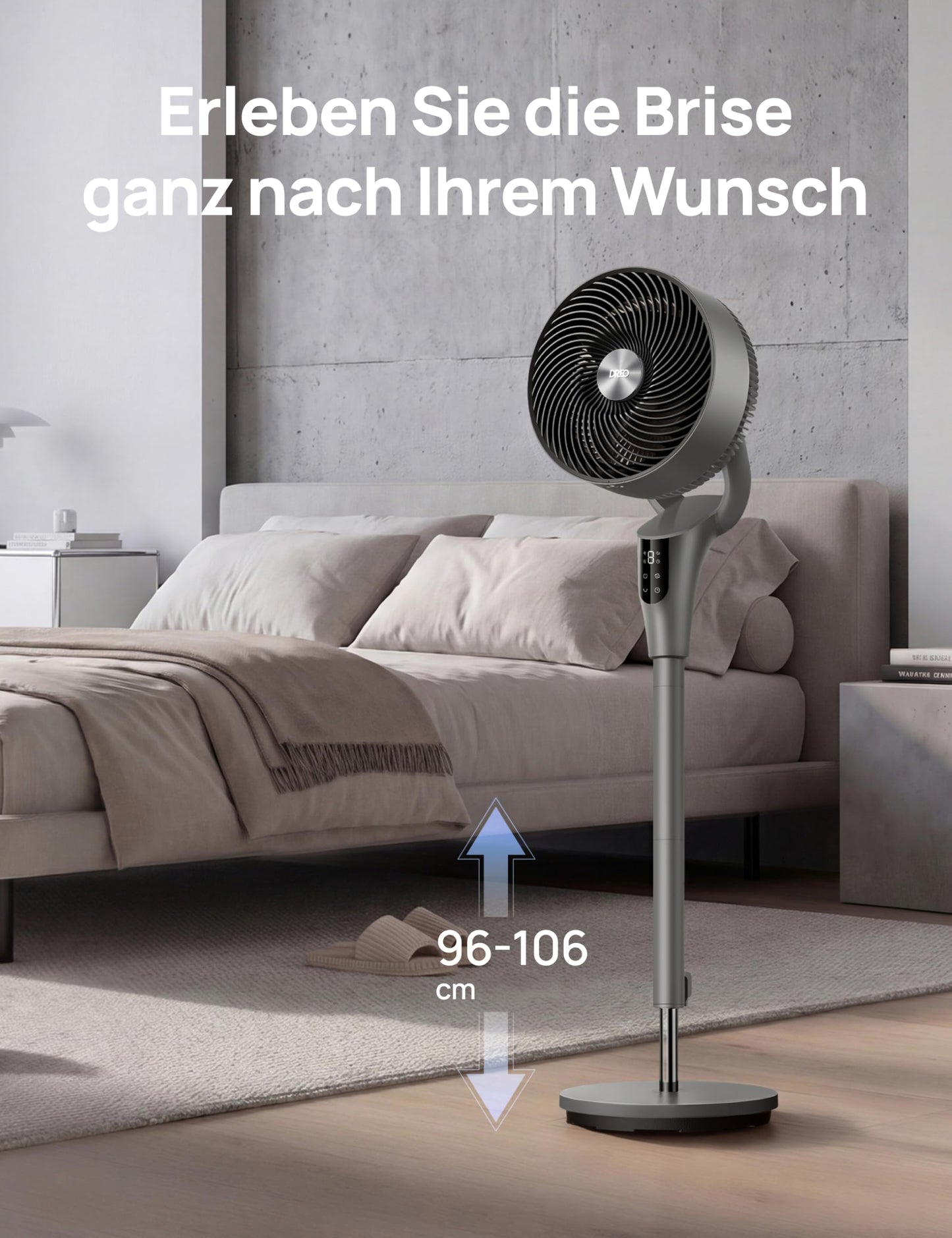 DREO Quiet Stand Fan for Bedroom [Improved], 27m Airflow, Quiet, 90° Oscillating, DC Motor, 8 Speeds, 3 Modes, 96-106cm Height Adjustable, 8H Timer, 105° Manual Tilt - DR-HPF013
