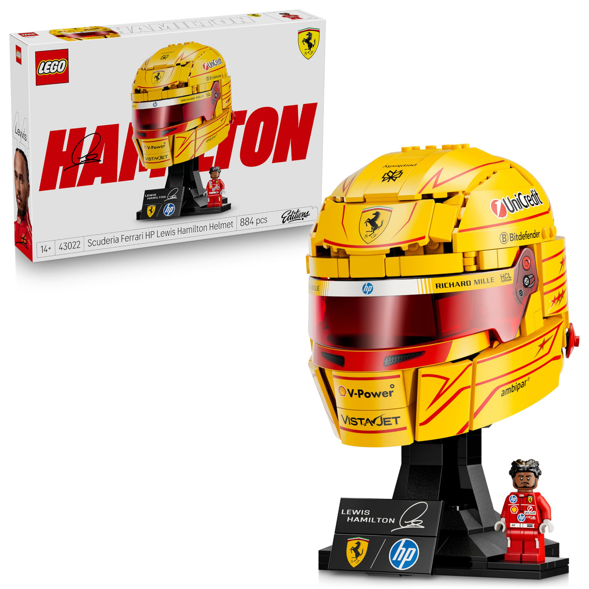 LEGO Editions Scuderia Ferrari HP Lewis Hamilton Helmet - F1 Merchandise - Display Model Kit with Collectible Minifigure - Gift for Boys Aged 14 and Up and Adult Motorsport Fans - 43022