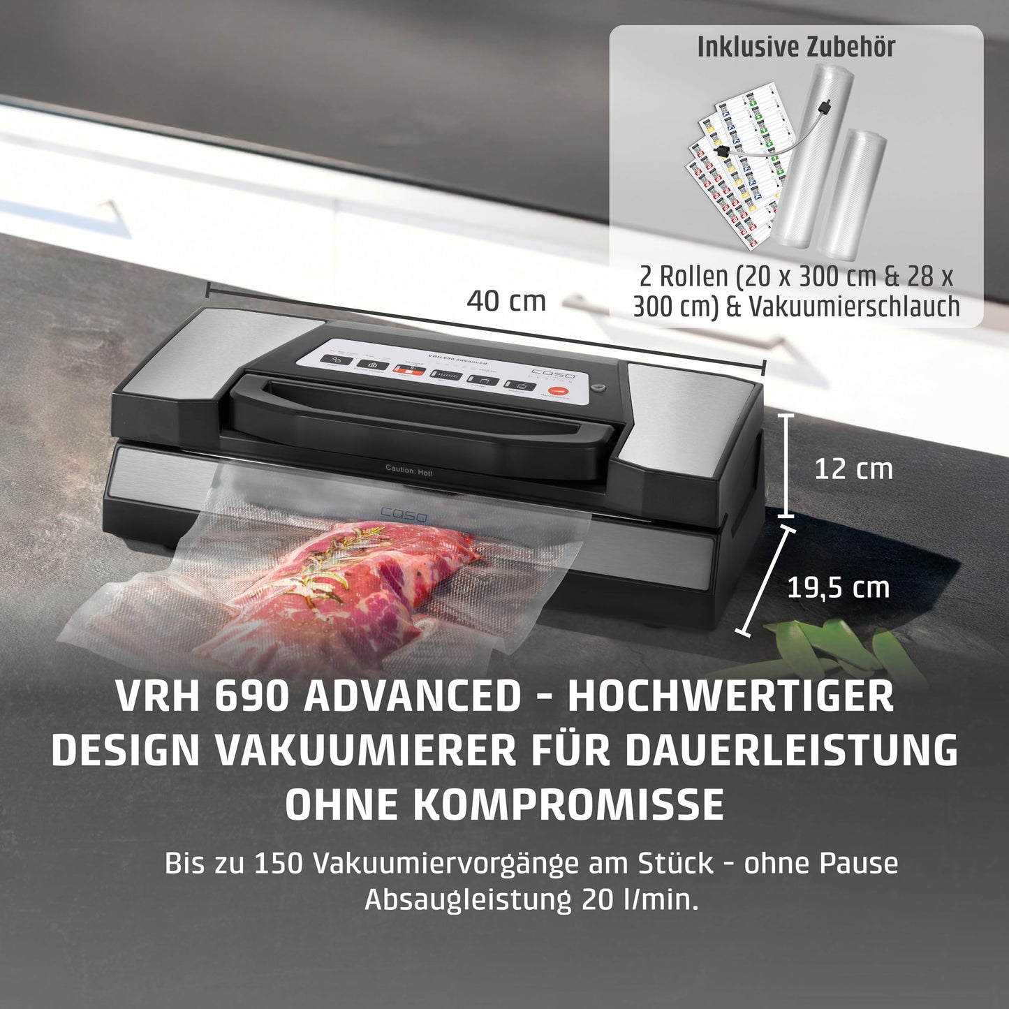 CASO VRH 690 advanced vacuum sealer test winner, vacuum sealer for food, 150 vacuum sealing processes non-stop, double weld seam, 20 liters/min, cutter, incl. 2 professional film rolls - 1527