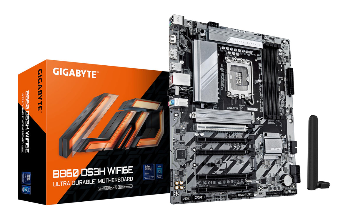 Placa de bază GIGABYTE B860 DS3H WIFI6E - procesoare Intel Core Ultra, VRM cu 8+1+2+2 faze, suport pentru DDR5 de până la 9066MHz, 1xPCIe 5.0 + 1xPCIe 4.0 M.2, LAN 2,5 GbE, WiFi 6E, USB 3.2 Gen 2x2