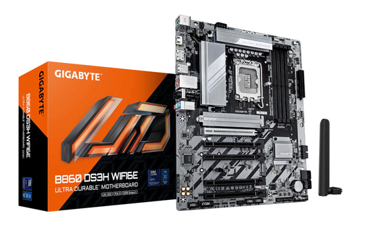 Placa de bază GIGABYTE B860 DS3H WIFI6E - procesoare Intel Core Ultra, VRM cu 8+1+2+2 faze, suport pentru DDR5 de până la 9066MHz, 1xPCIe 5.0 + 1xPCIe 4.0 M.2, LAN 2,5 GbE, WiFi 6E, USB 3.2 Gen 2x2