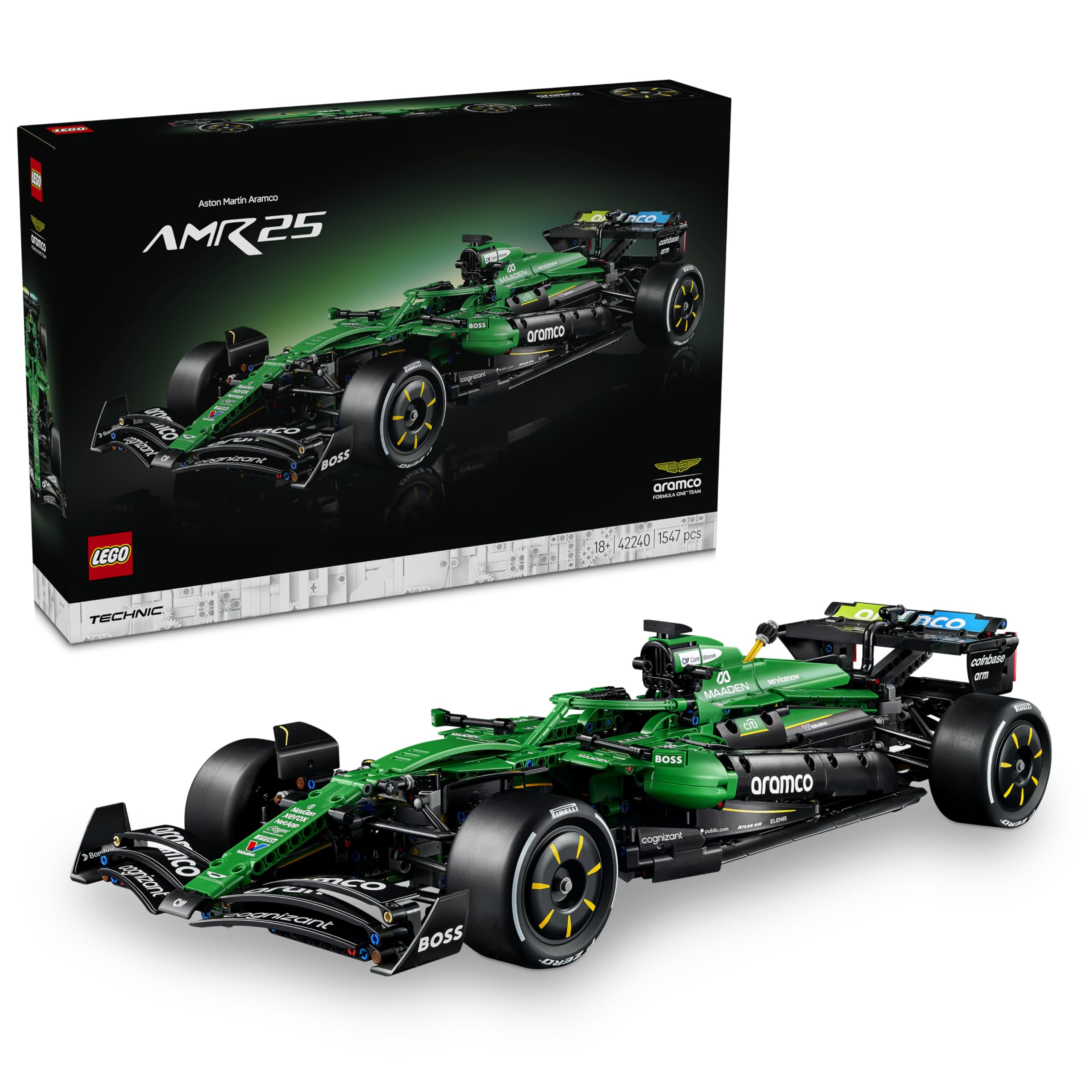 LEGO Technic Aston Martin Aramco AMR25 Formula 1 racing car - model building for adults - racing car with V6 engine, differential and DRS activation - gift idea for racing and motorsport fans - 42240