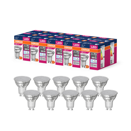 Osram LED Star Value PAR16 LED lamp for GU10 base, reflector lamp, GL, 620 lumens, daylight white (6500K), replacement for conventional 49W light bulbs, not dimmable, pack of 10 - 4058075096752