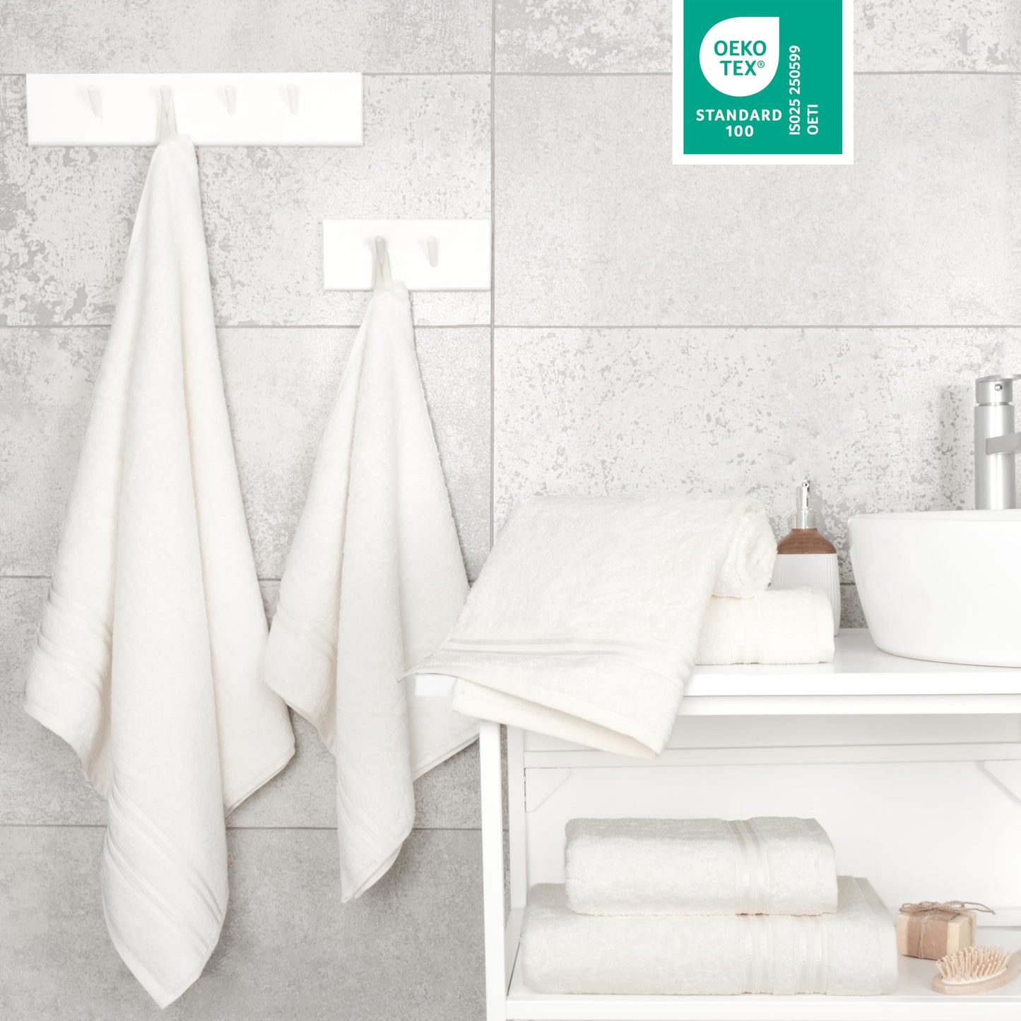 Hammetex set of 6 towels - 2 bath towels 70x140 cm & 4 hand towels 50x100 cm - 100% cotton terry - Oeko-TEX certified - soft, absorbent - with hangers, cream - RN67