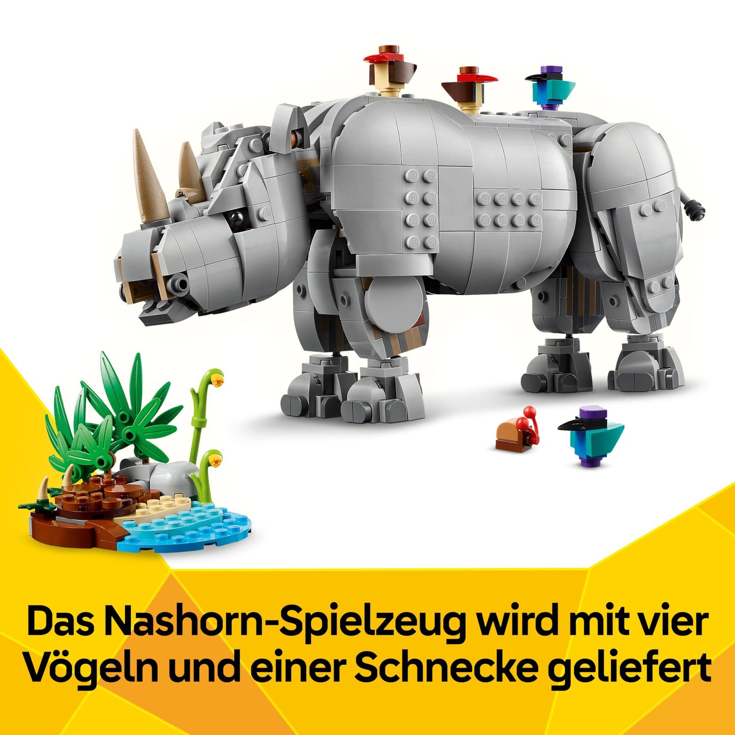 LEGO Creator 3in1 Wild Animals: Majestic Rhino with Birds Toy - Animal Figure Transforms into a Hippo Model or a Walrus - Creative Gift for 9+ Year Old Girls & Boys - 31171
