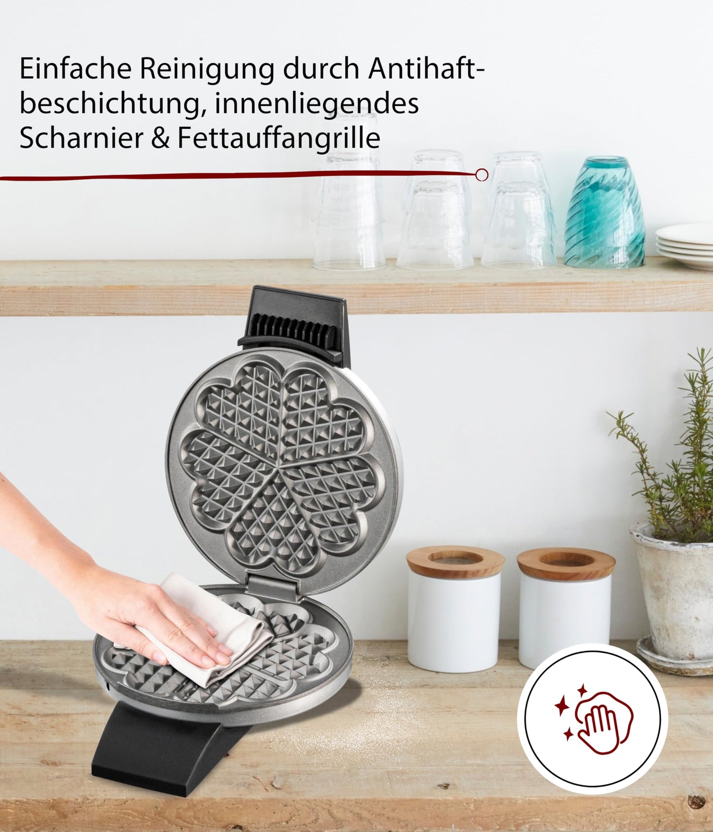 Cloer 1629 waffle iron for classic heart waffles, 930 W, waffle size 15.5 cm, continuously selectable browning level, metal, silver