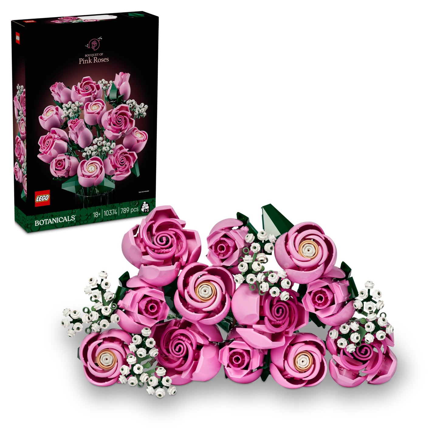 LEGO Botanicals Pink Rose Bouquet - Set of Artificial Flowers for Adults - 12 Artificial Roses & 4 Branches of Gypsophila as DIY Decoration - Gift Idea for Women - 10374